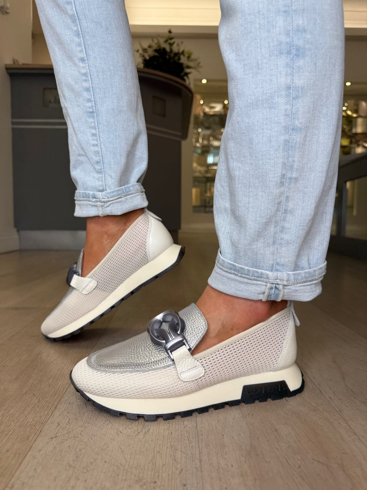 Hispanitas -Cream Mesh Slip On Sporty Shoe With Metallic Silver Inset & Chrome Trim