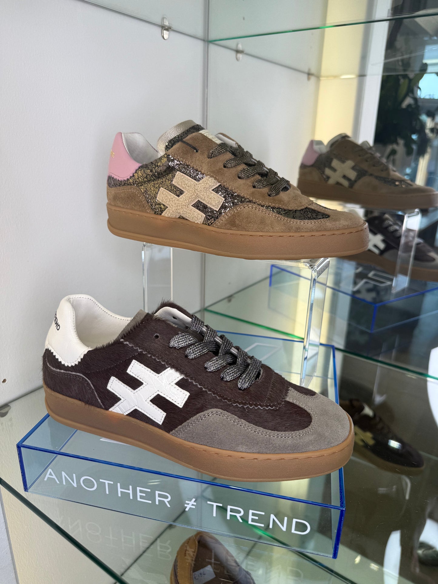 Another Trend -Chocolate Brown Pony Skin Mink Suede Mix Trainer With White Patent Trim