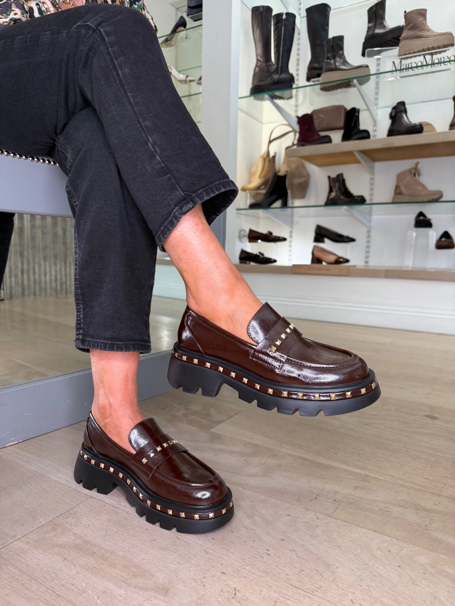 Lodi - Rich Brown Nappa Leather Chunky Sole Loafer With Gold Stud Trim Detail