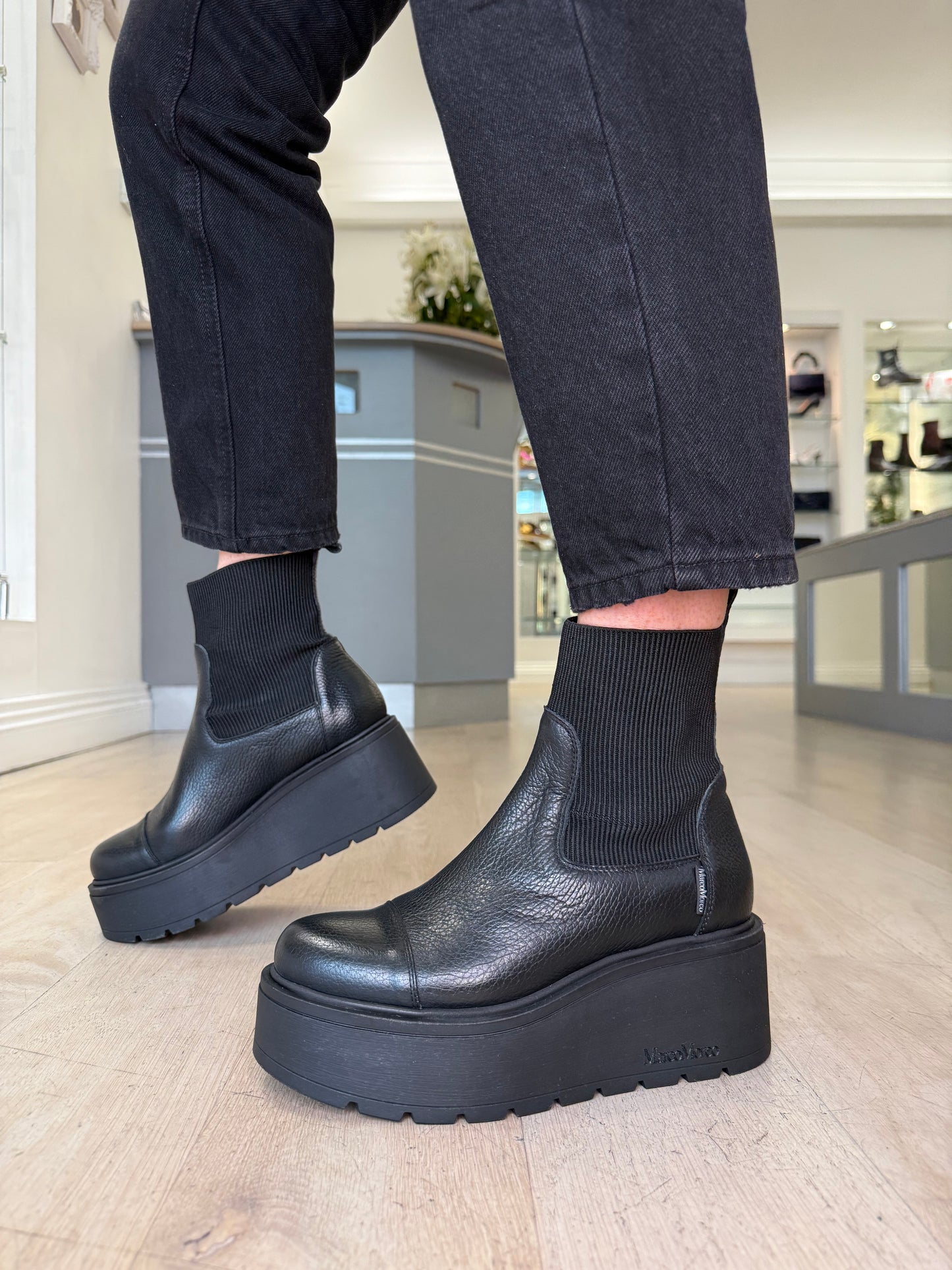 Marco Moreo - Brenda Black Grained Leather Chunky Sole Wedge Boot