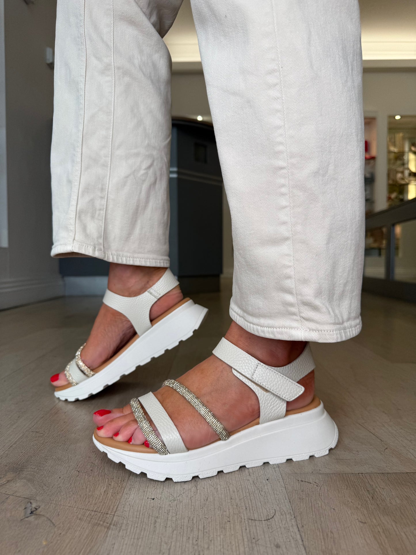 Oh My Sandals - Soft Cream Strappy Diamante Sporty Sole Sandal