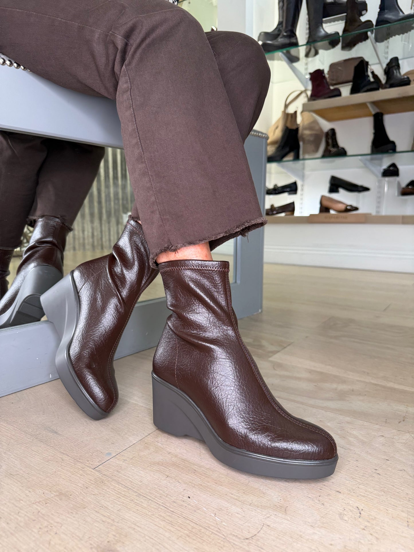 Miss Elastic - Rich Brown Leather Stretch Sock Wedge Boot