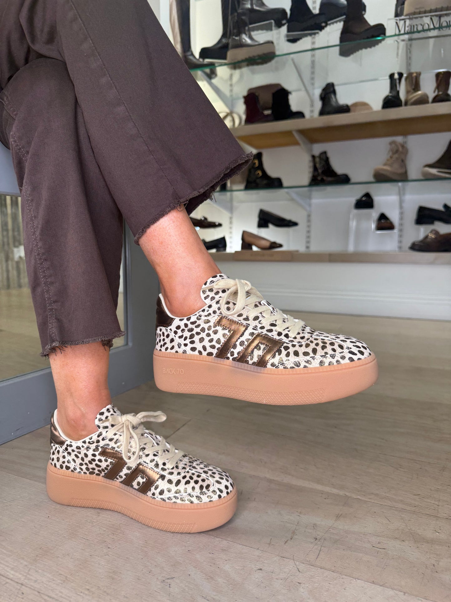 Back 70 - Cheetah Print Brown/ Bronze Mix Lace Up Flatform Trainer
