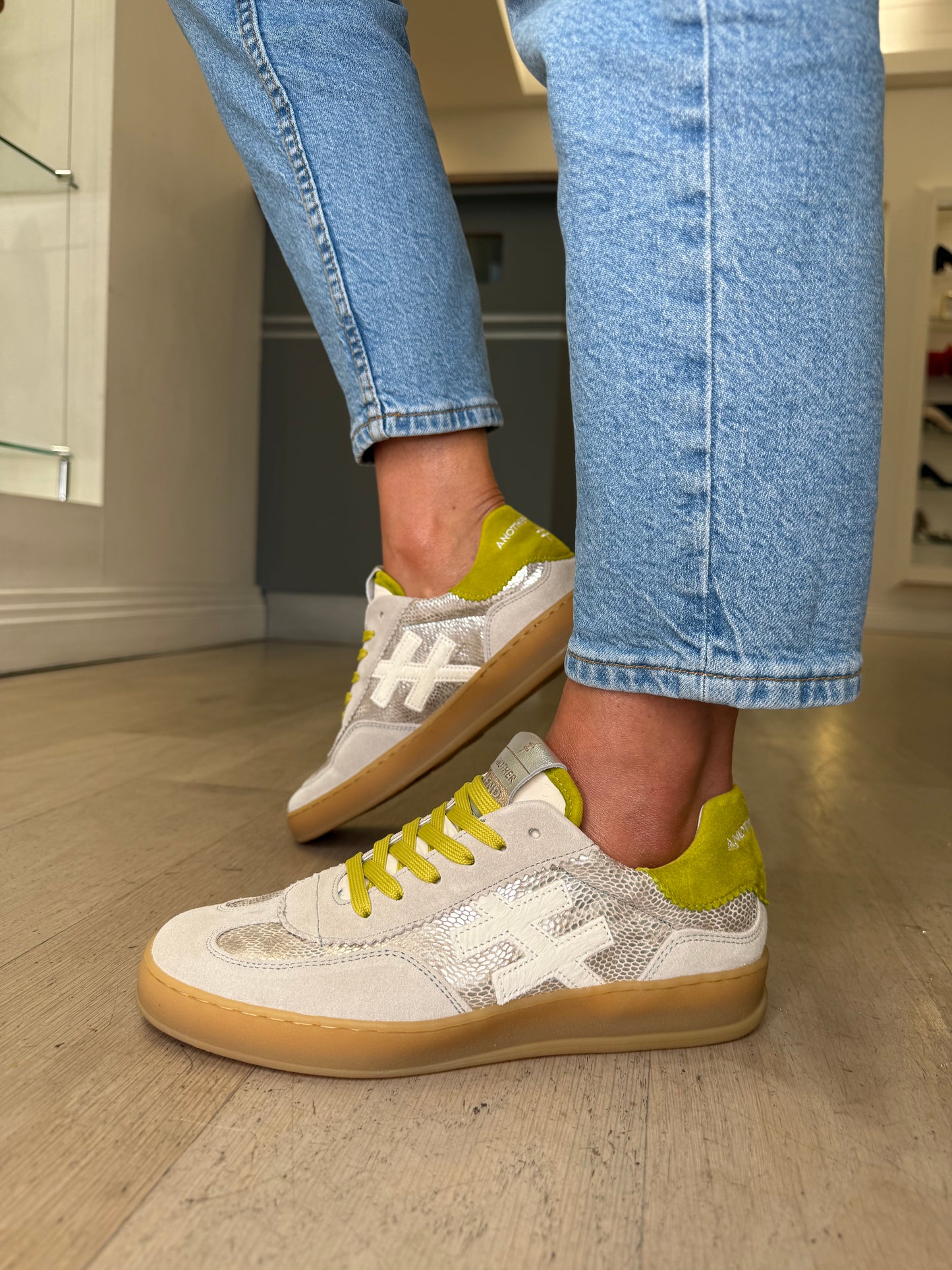 Another Trend - Stone Grey Suede Trainer With Silver Snake Print Shimmer & Lime Suede Trim
