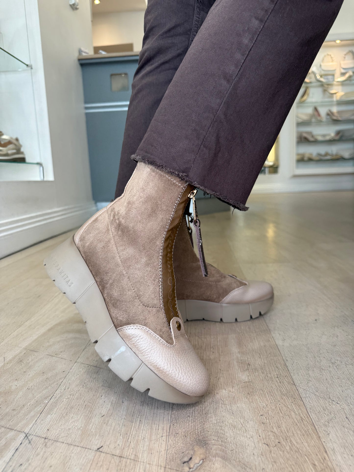 Hispanitas - Taupe Suede & Leather Zip Up Sporty Wedge Boot