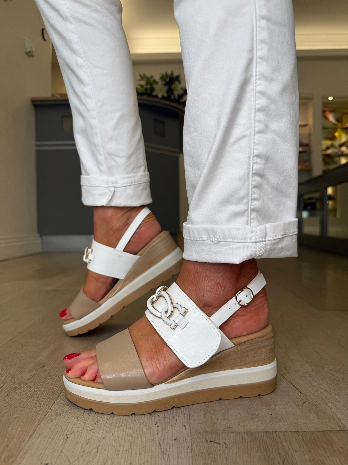 Repo - White & Beige Leather Velcro Wedge Sandal