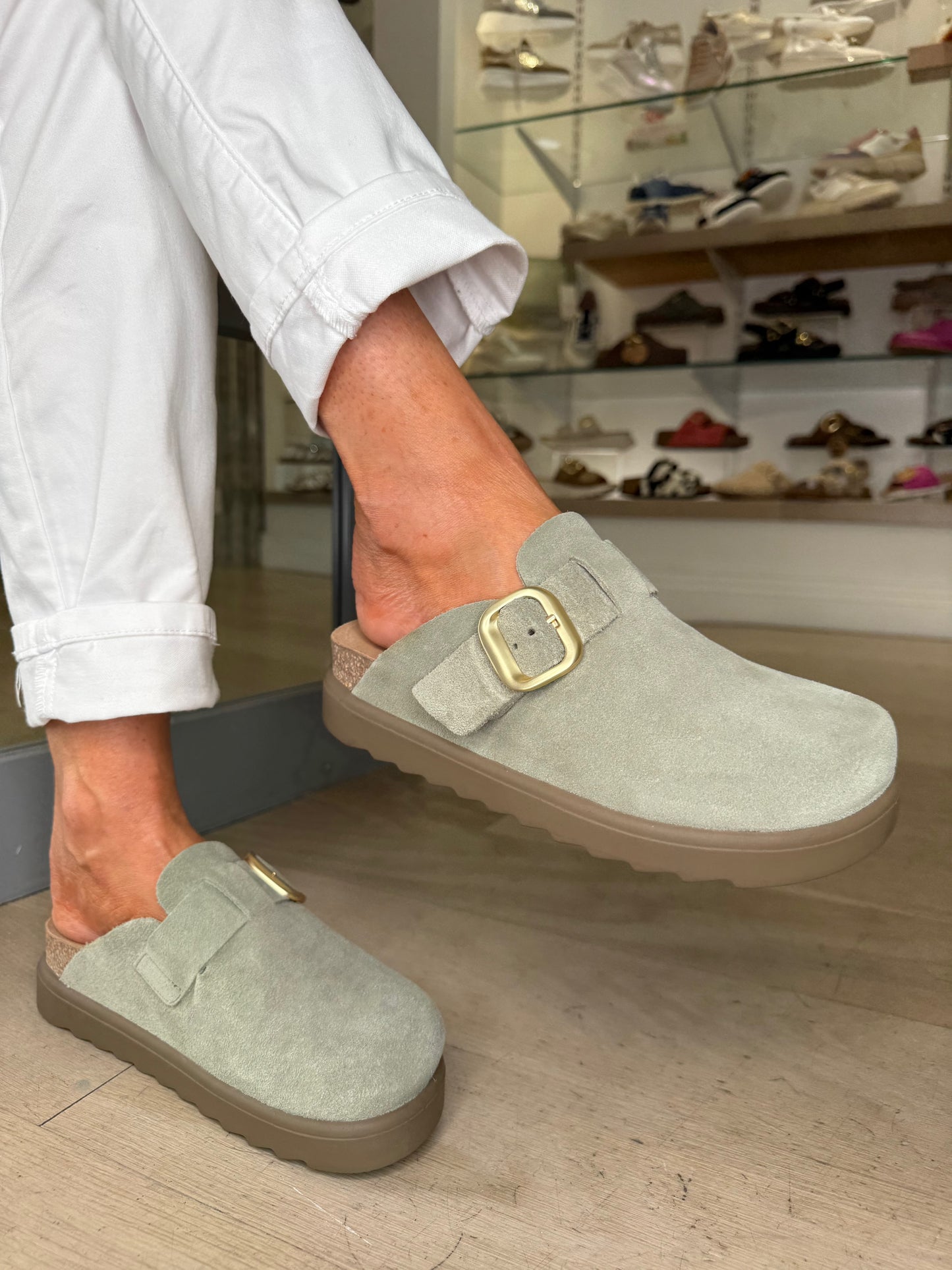 Yokono - Soft Green Suede Mule Clog With Matt Gold Buckle Trim