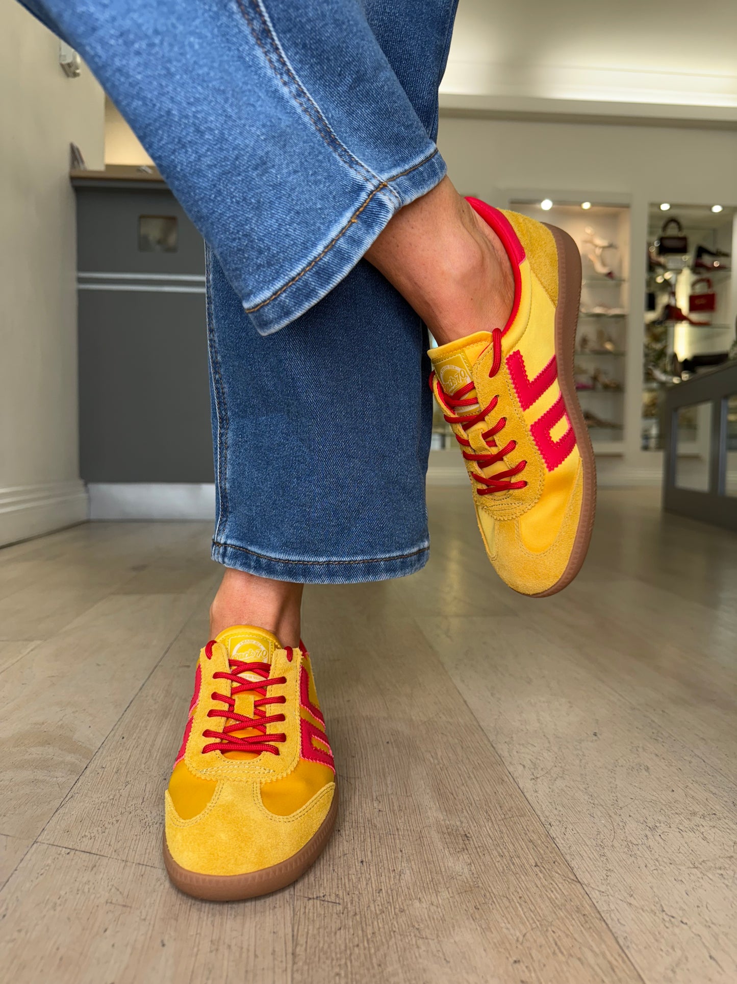 Back 70 - Yellow Satin & Suede Red Trim Trainer