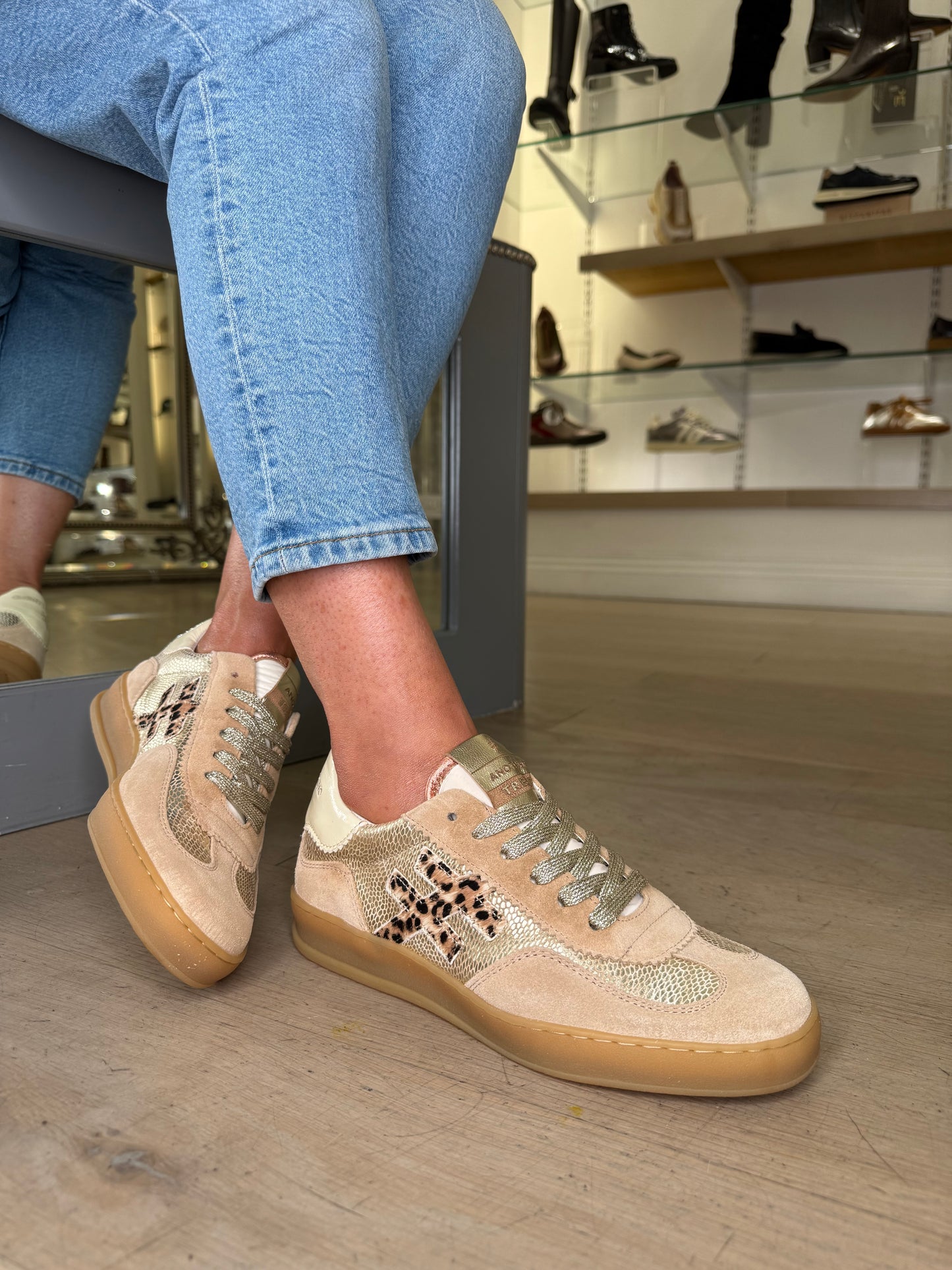 Another Trend - Rich Camel Suede Trainer With Gold Snake Print & Leopard Print Trim