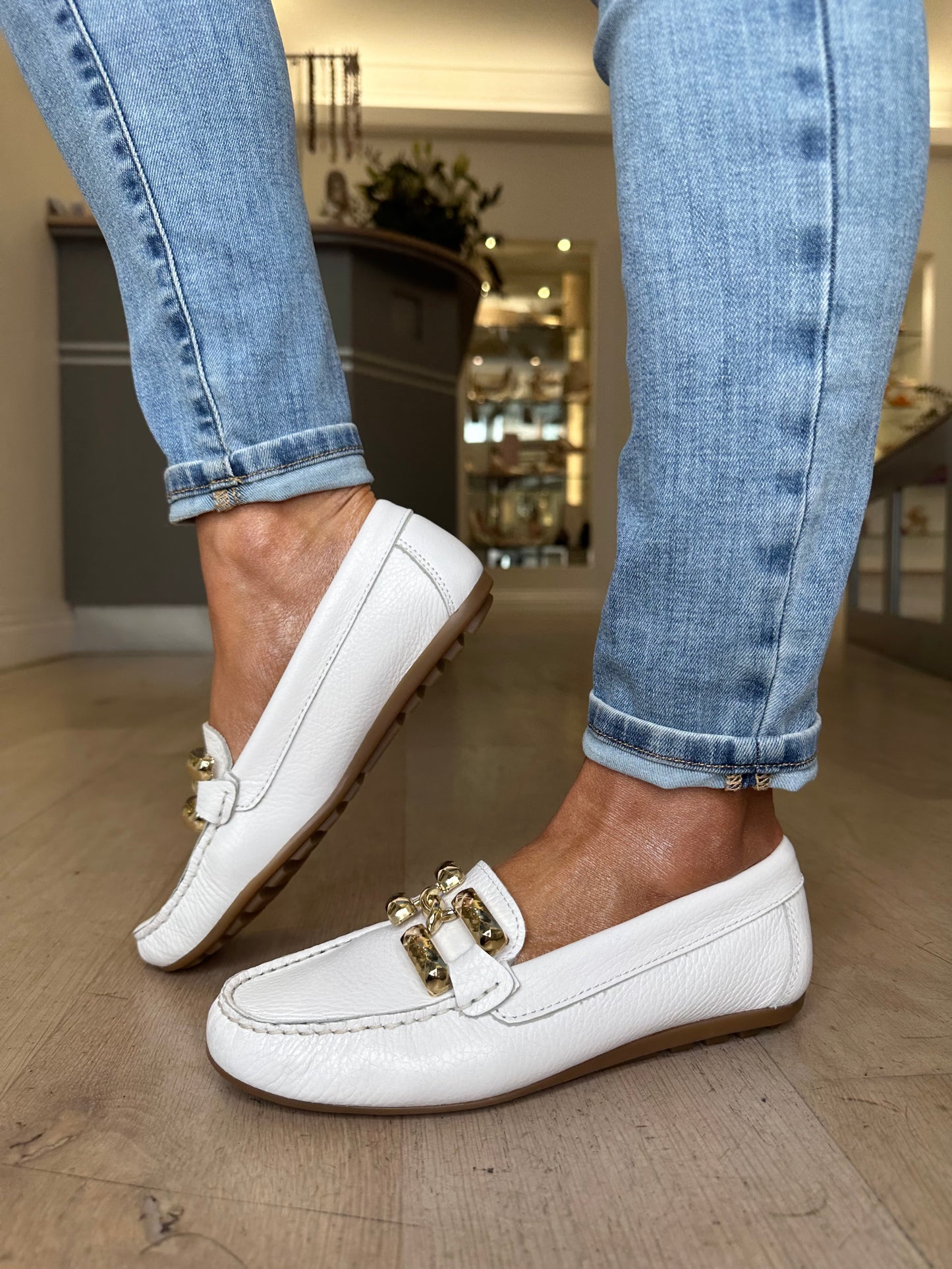Dchicas (By Viguera) - White Soft Leather Loafer With Chunky Gold Trim