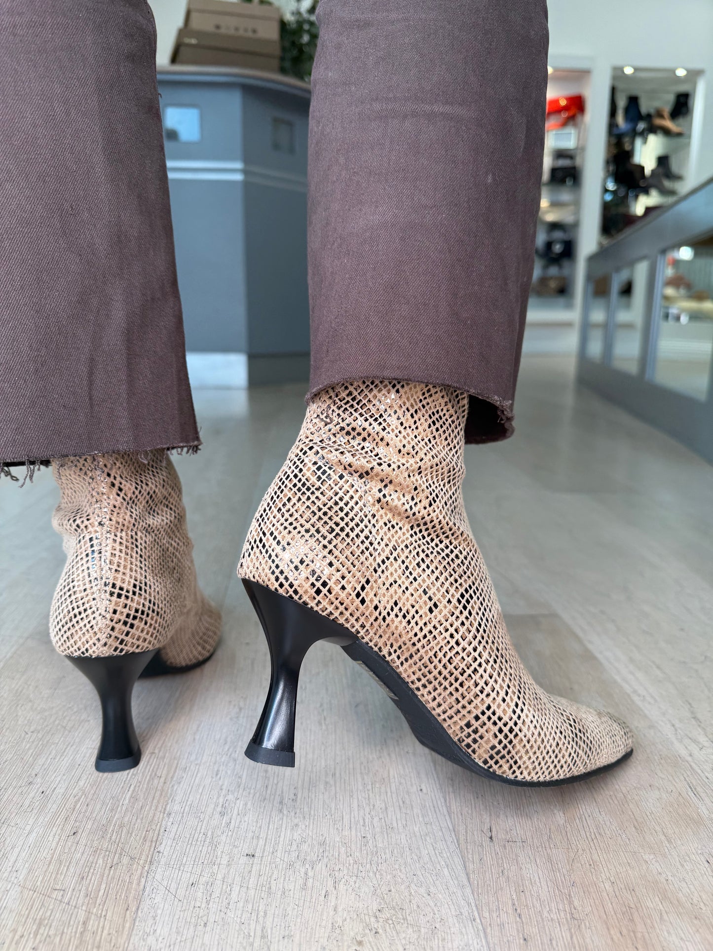 Miss Elastic - Brown Snake Print Short Sock Boot