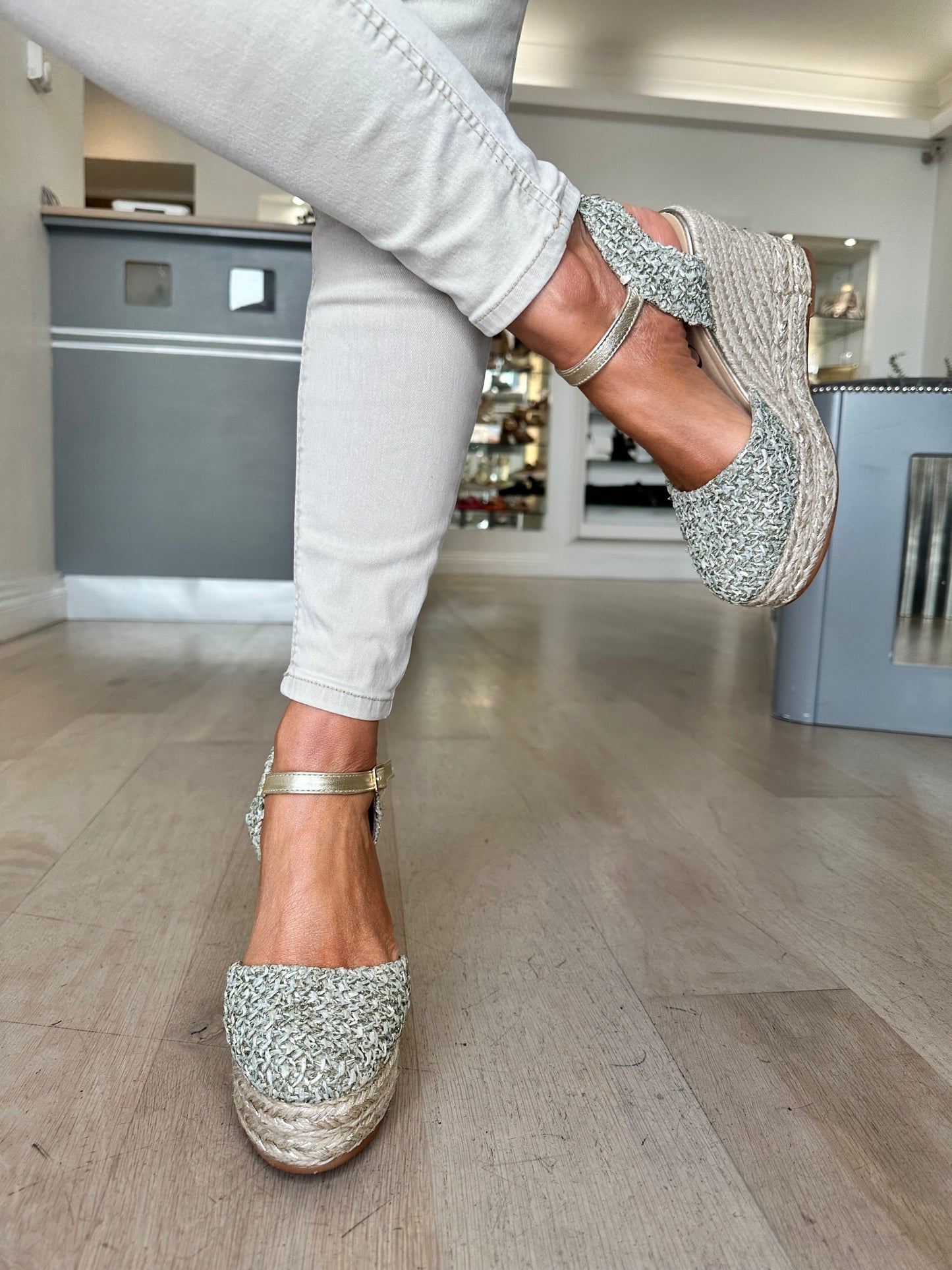 Gaimo - Khaki Tweed Mix Espadrille Wedge With Gold Trim