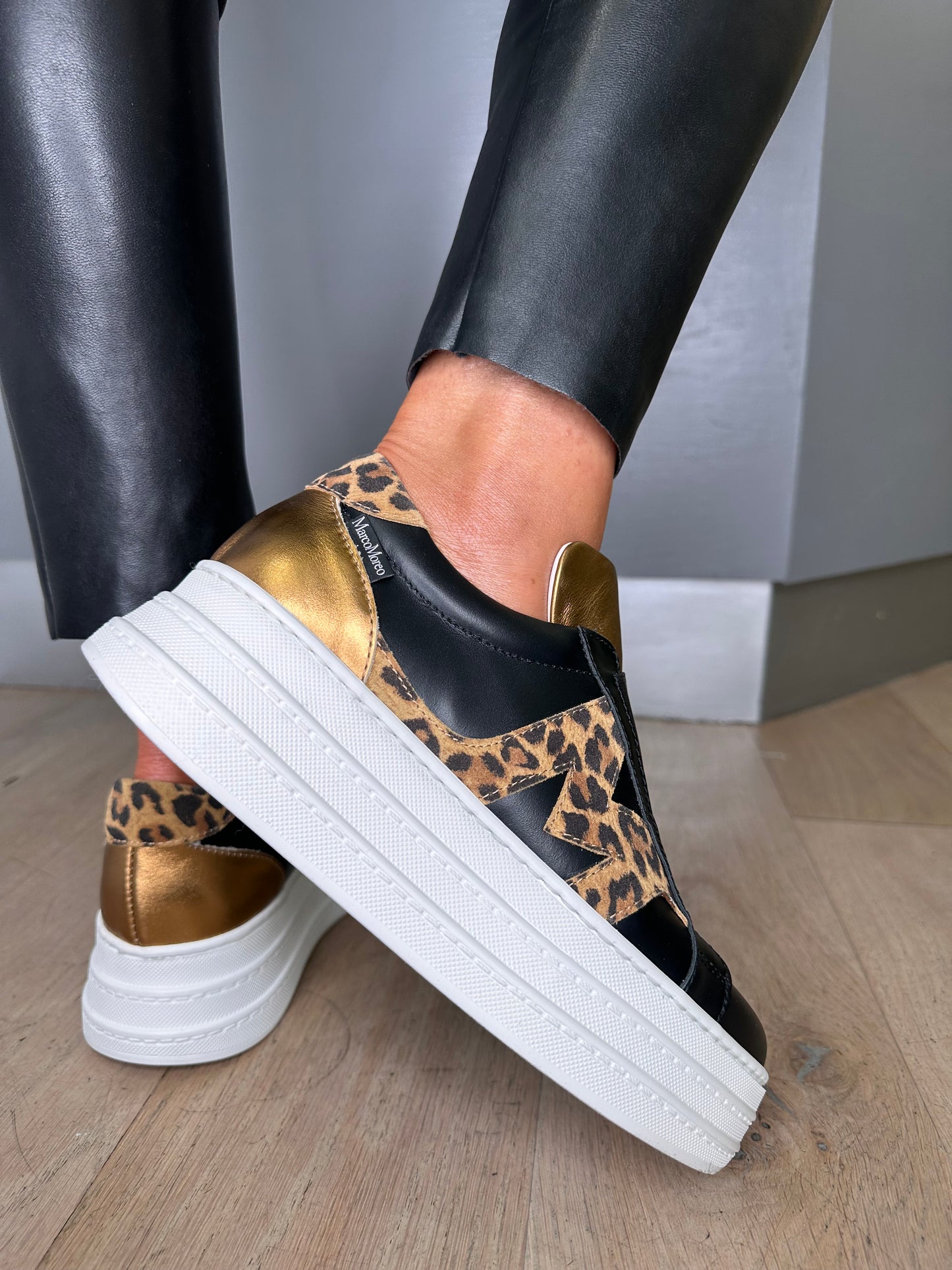 Marco Moreo - Aretha Black Calf Leather Chunky Trainer With Antique Bronze & Leopard Print Trim