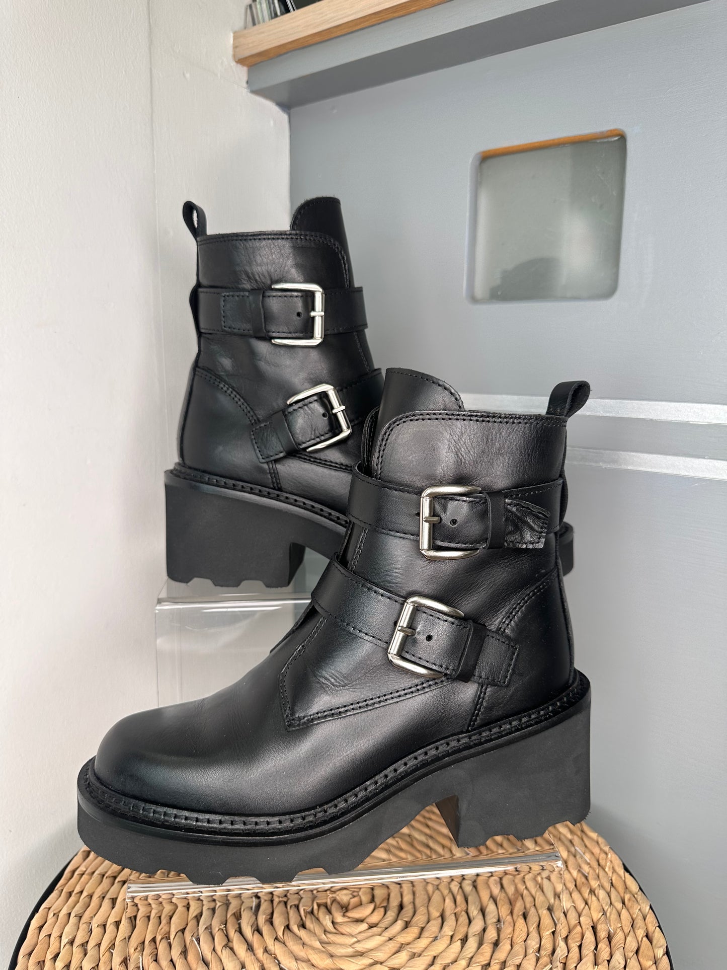 Alpe - Black Nappa Leather 2 Strap Chunky Boot