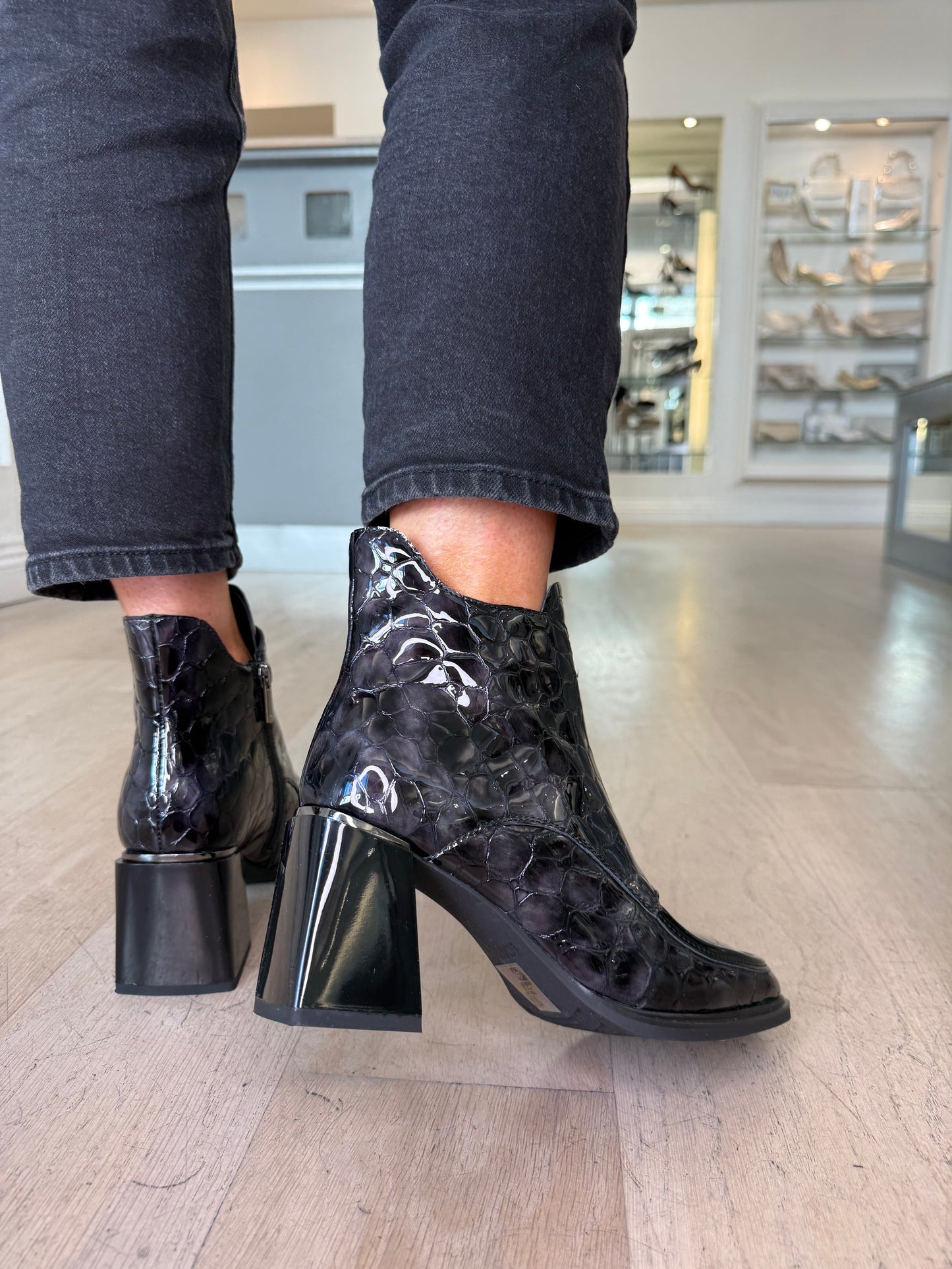 Loretta Vitale - Black/ Grey Croc Patent Square Toe Block Heel Boot