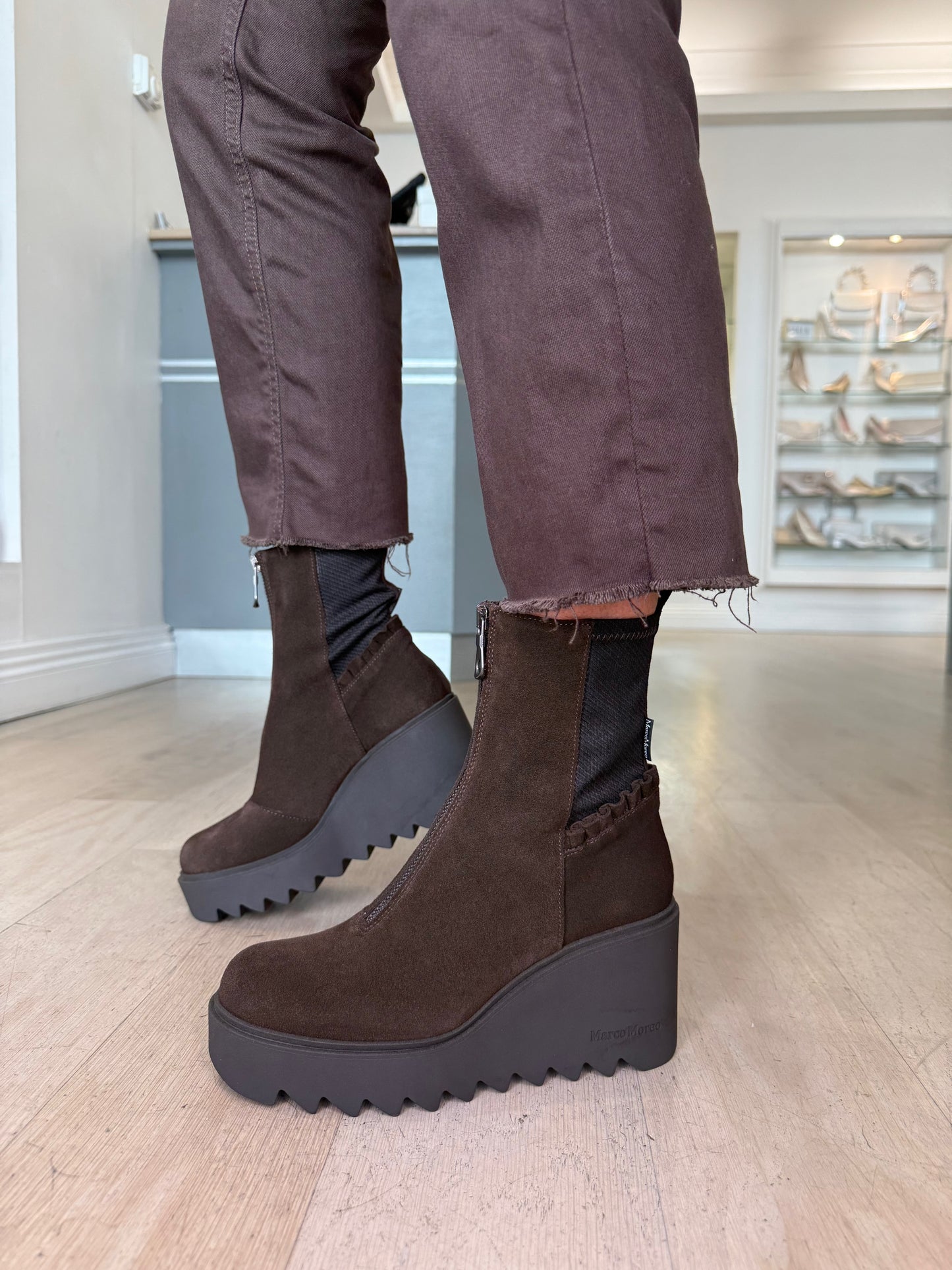 Marco Moreo - Rich Brown Suede Chunky Sole Wedge Boot With Frill Detail