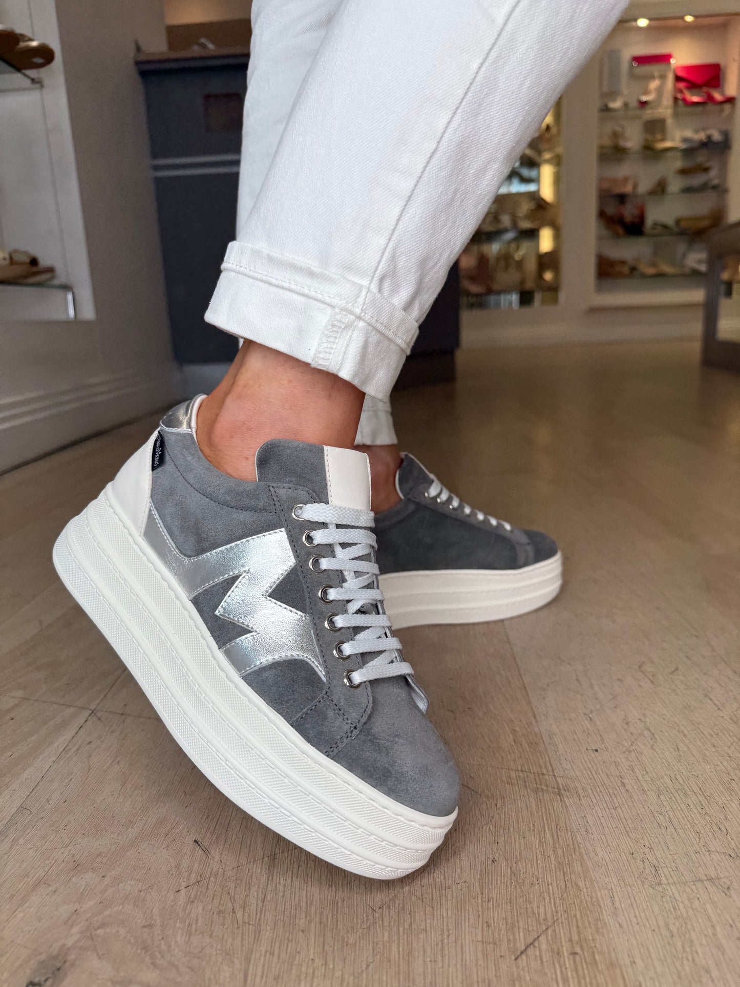 Marco Moreo - Madonna Grey Suede Flatform Sole Trainer With Silver & White Trim