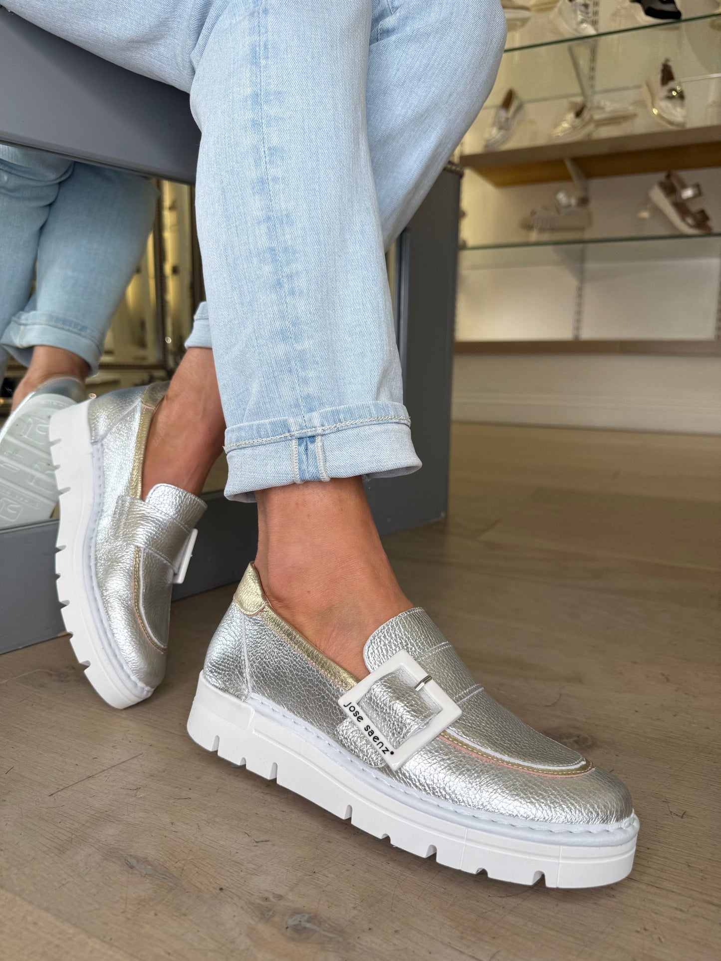 Jose Saenz - Metallic Silver Slip On Shoe With Metallic Gold Trim