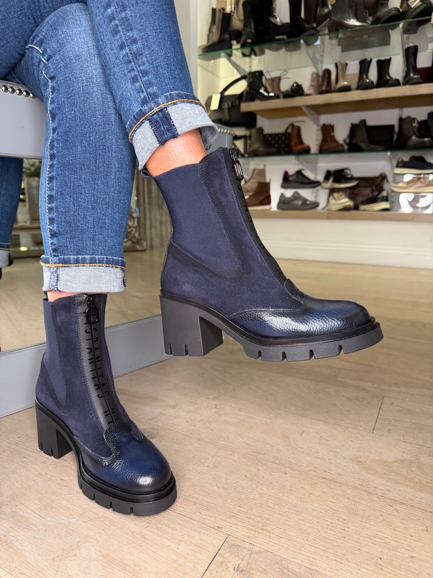 Hispanitas - Navy Suede & Leather Block Heel Boot With Platform Sole