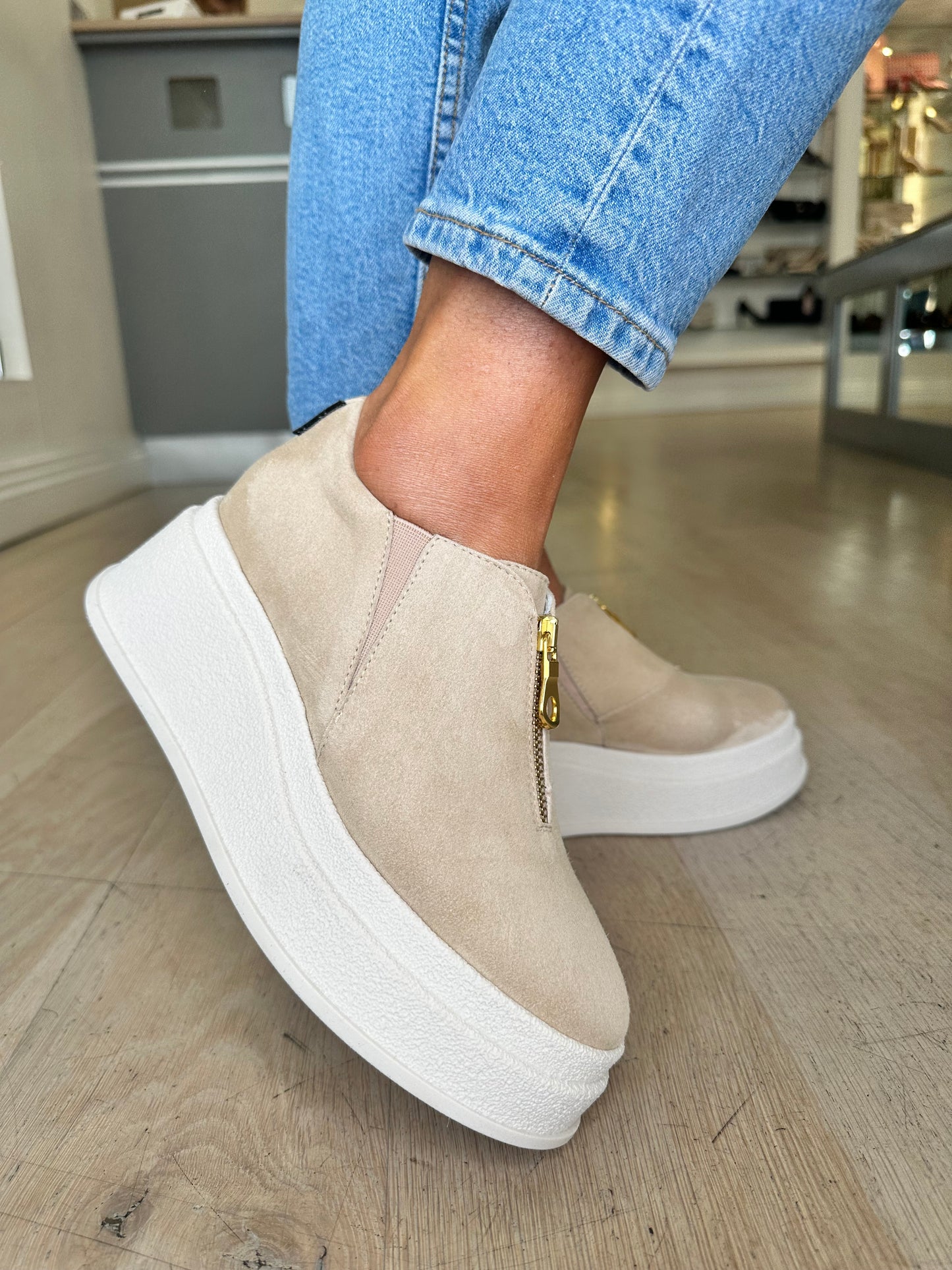 Marco Moreo - Almond Suede Chunky Sole Shoe With Gold Zip