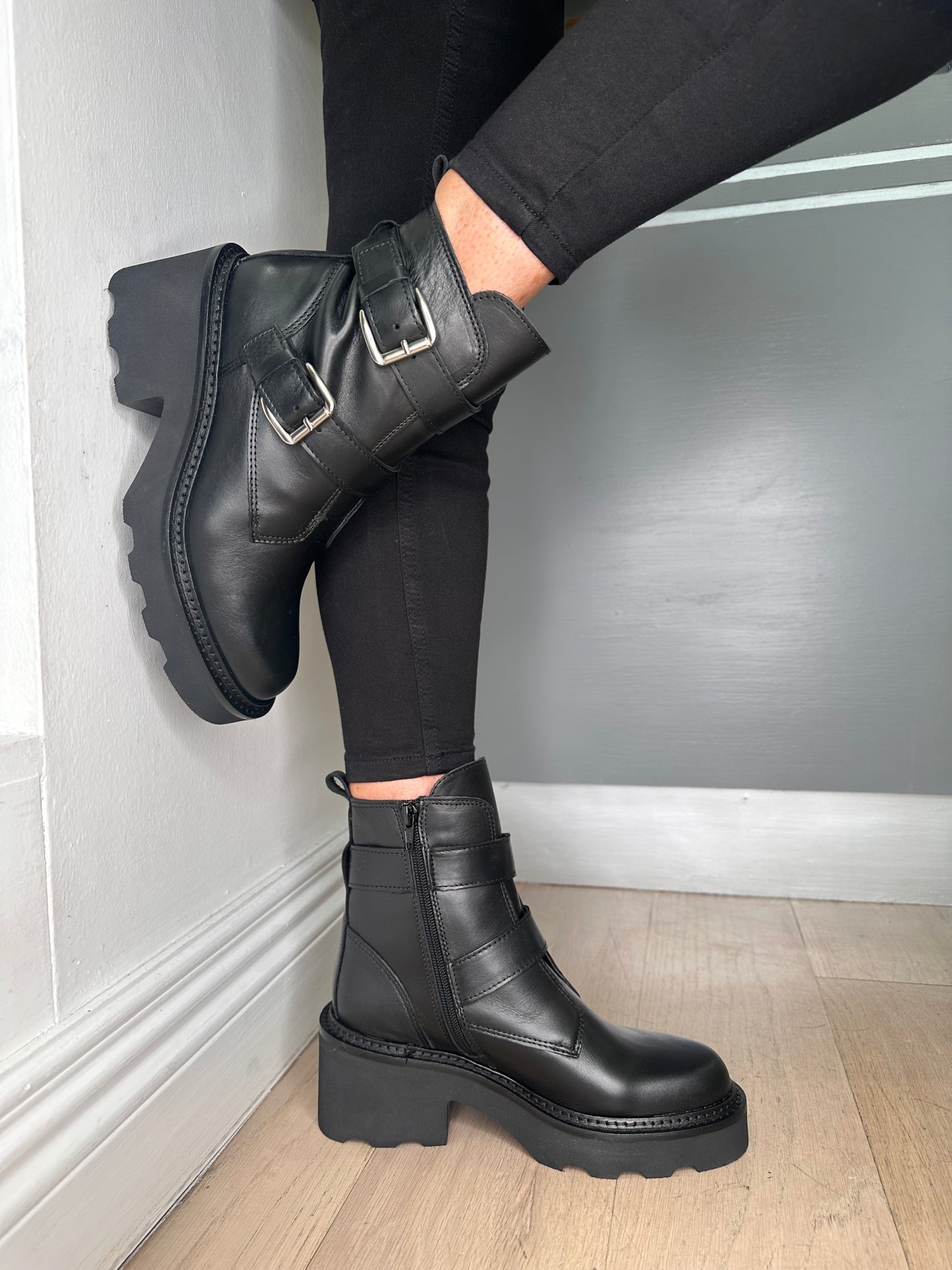 Alpe - Black Nappa Leather 2 Strap Chunky Boot