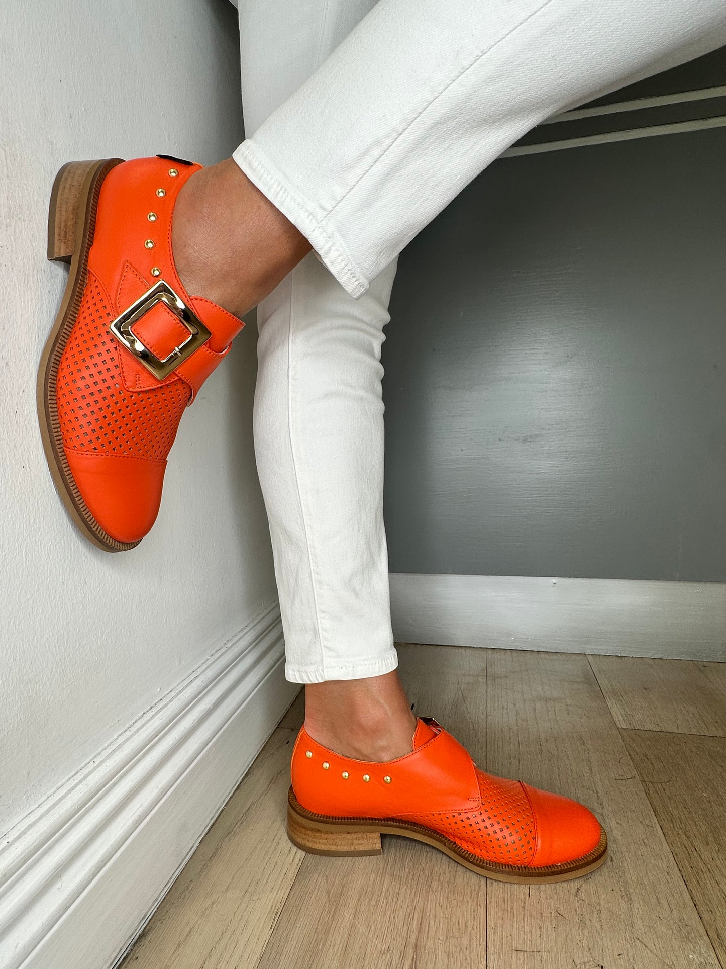 Marco Moreo - Orange Monk Strap Brogue With Gold Buckle & Gold Stud Trim