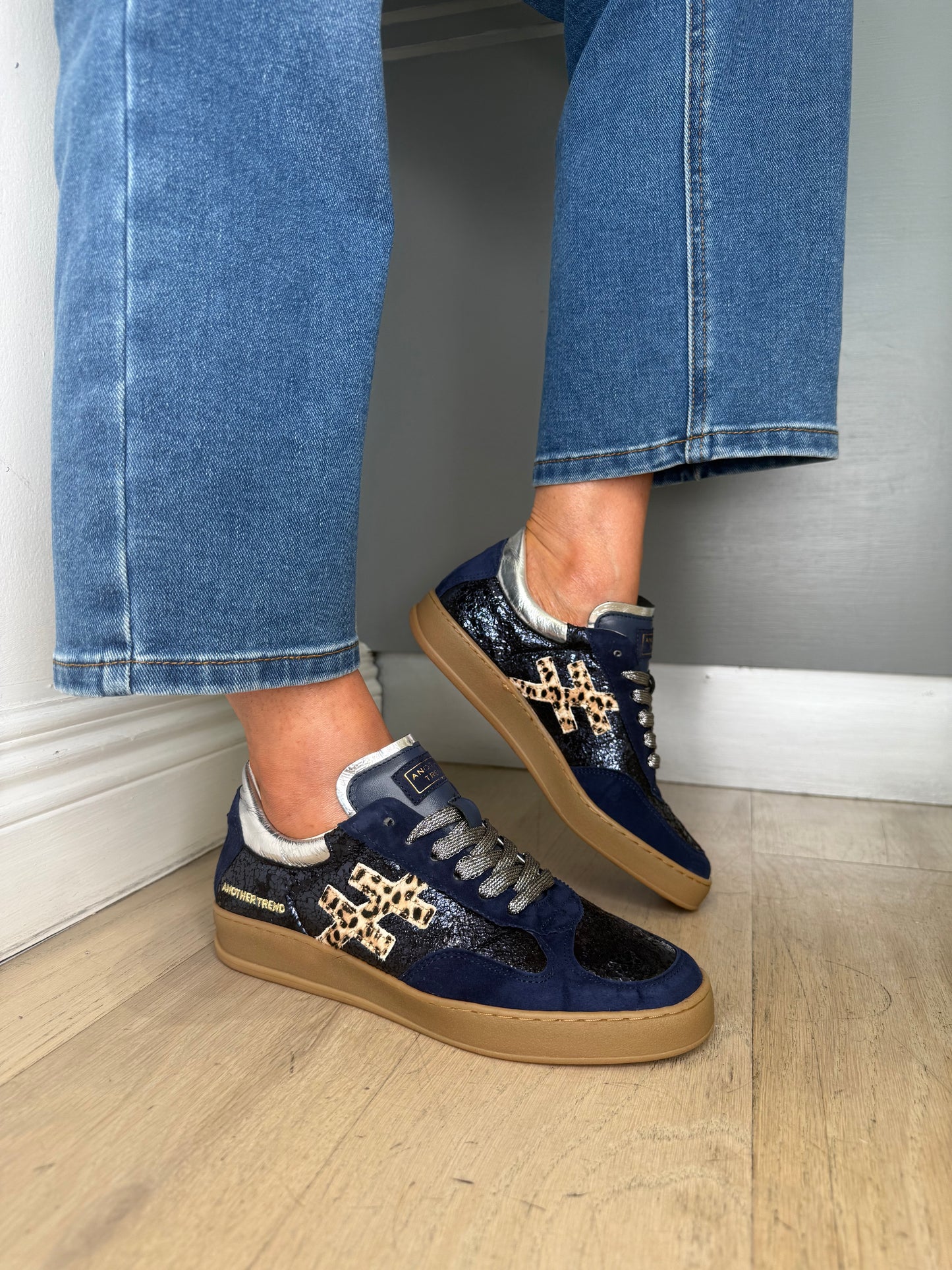 Another Trend -Multi Suede Navy Mix Trainer With Leopard Print & Metallic Silver Trim