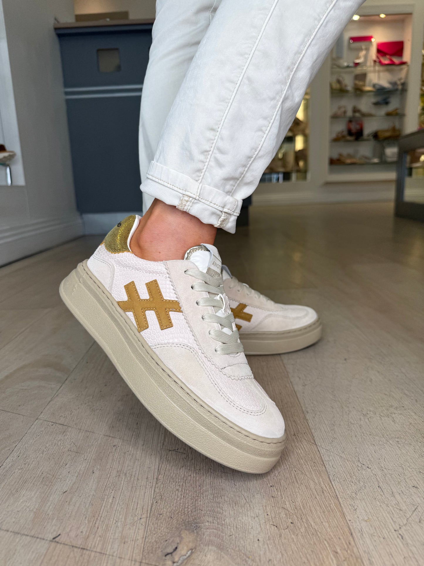 Another Trend - Beige Suede/ Snake Print Flatform Chunky Trainer With Yellow/Gold Trim