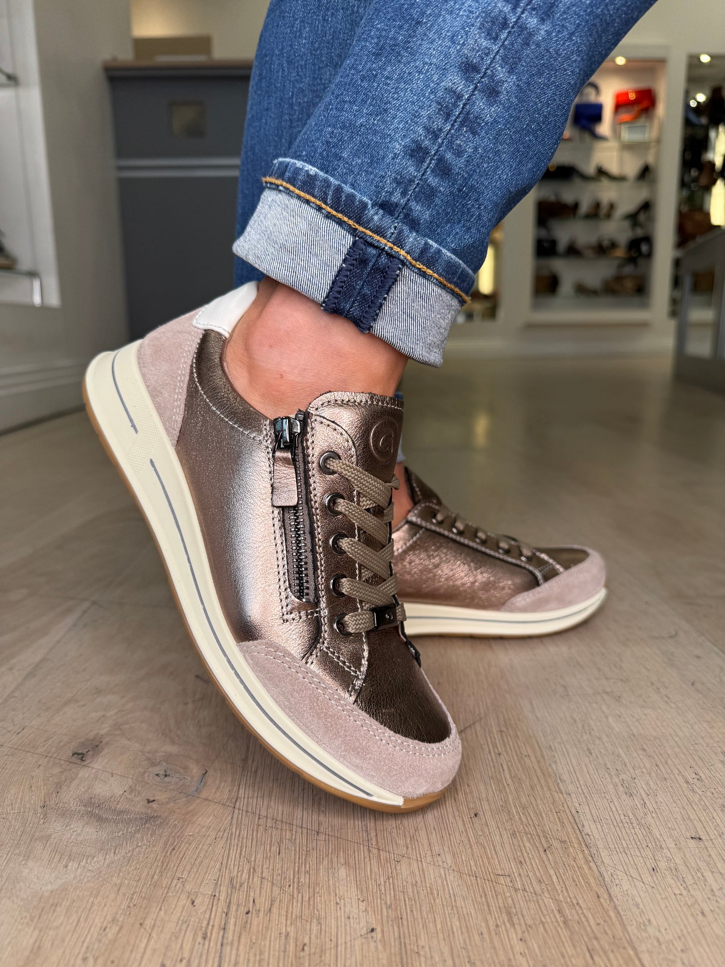Ara -Soft Bronze/ Beige Suede Suede Side Zip Trainer