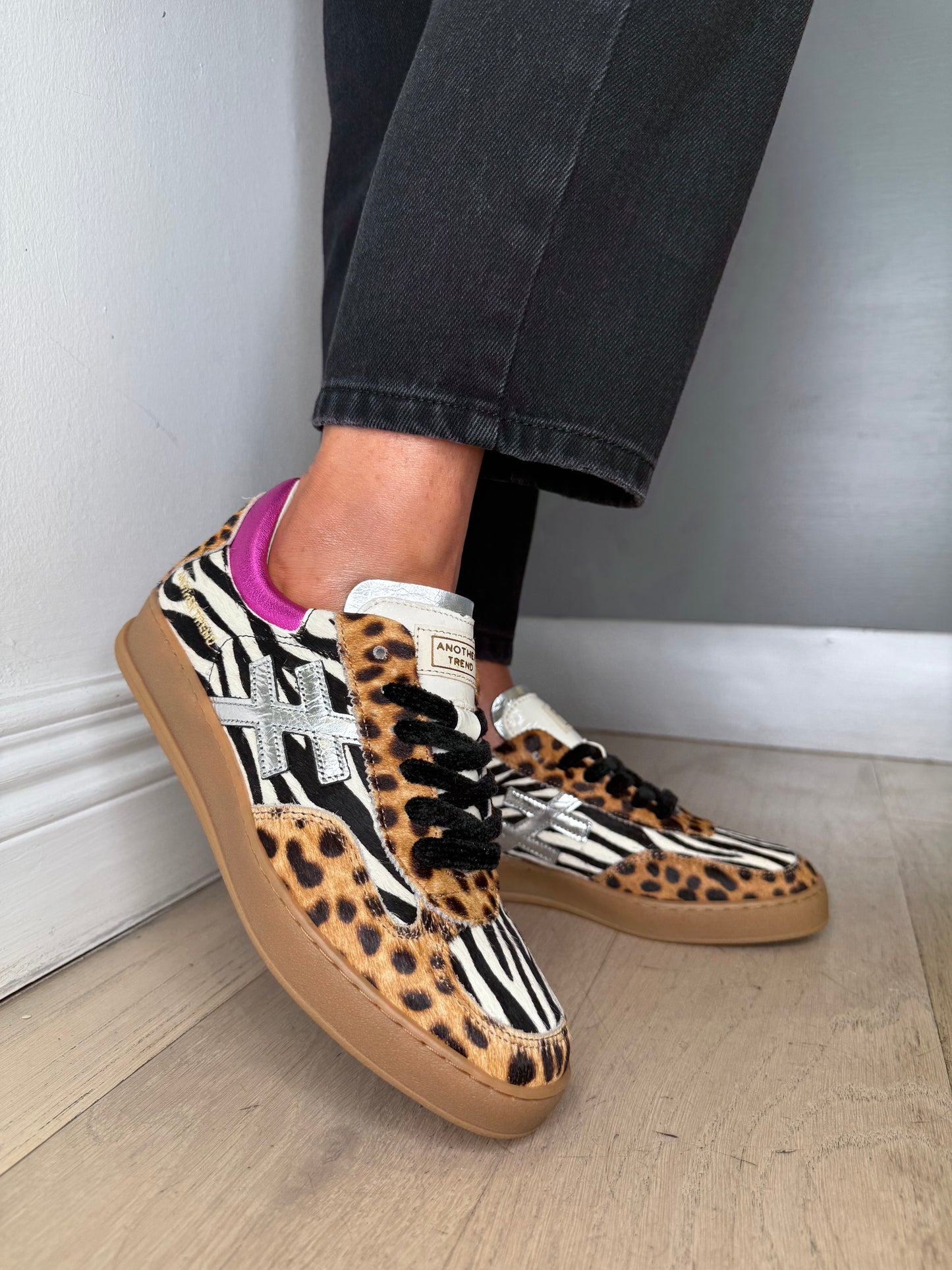 Another Trend -Multi Mix Animal Print Trainer With Hot Pink Trim