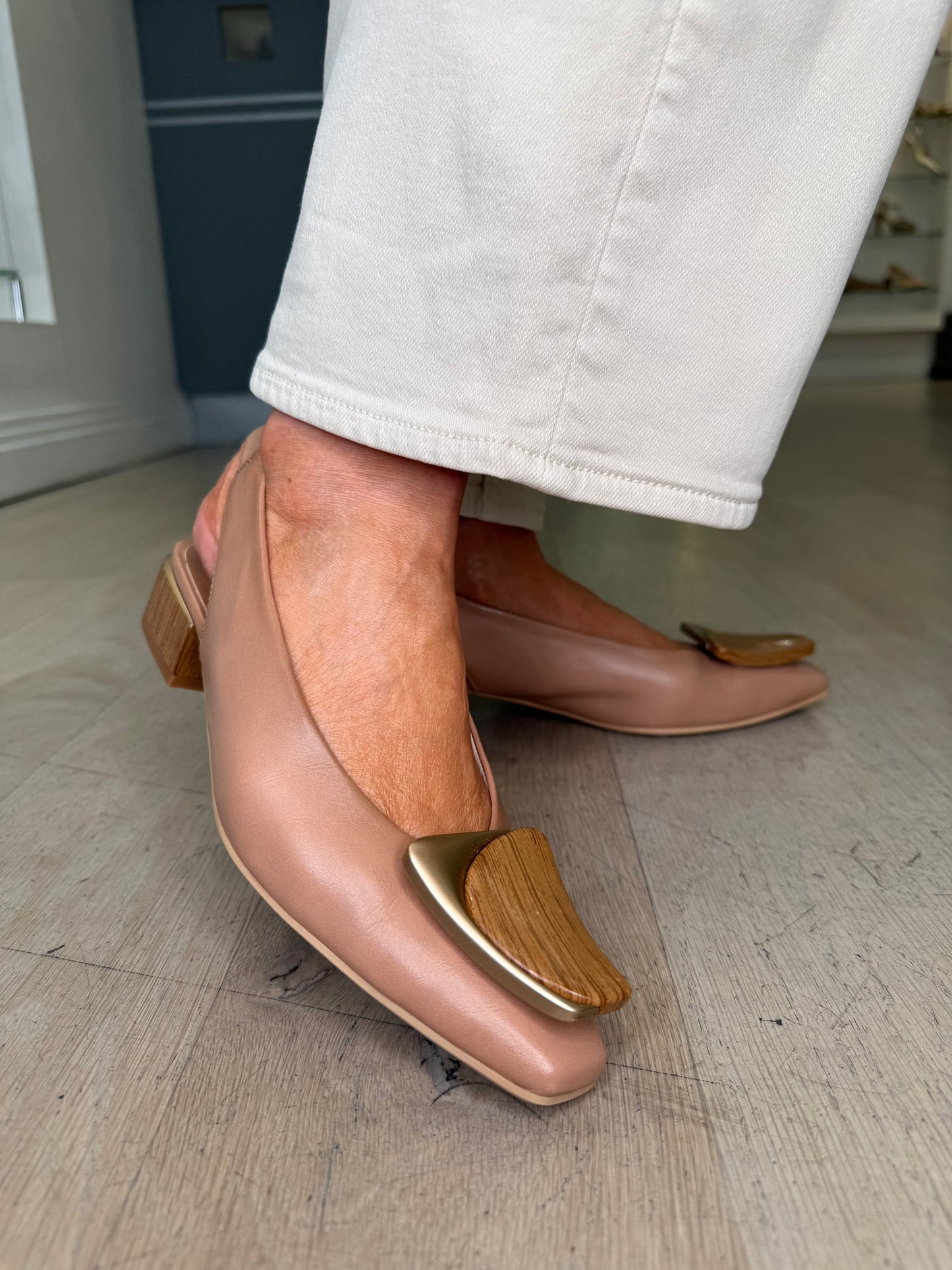 Hispanitas -Almond Tan Leather Slingback Shoe With Matt Gold Trim