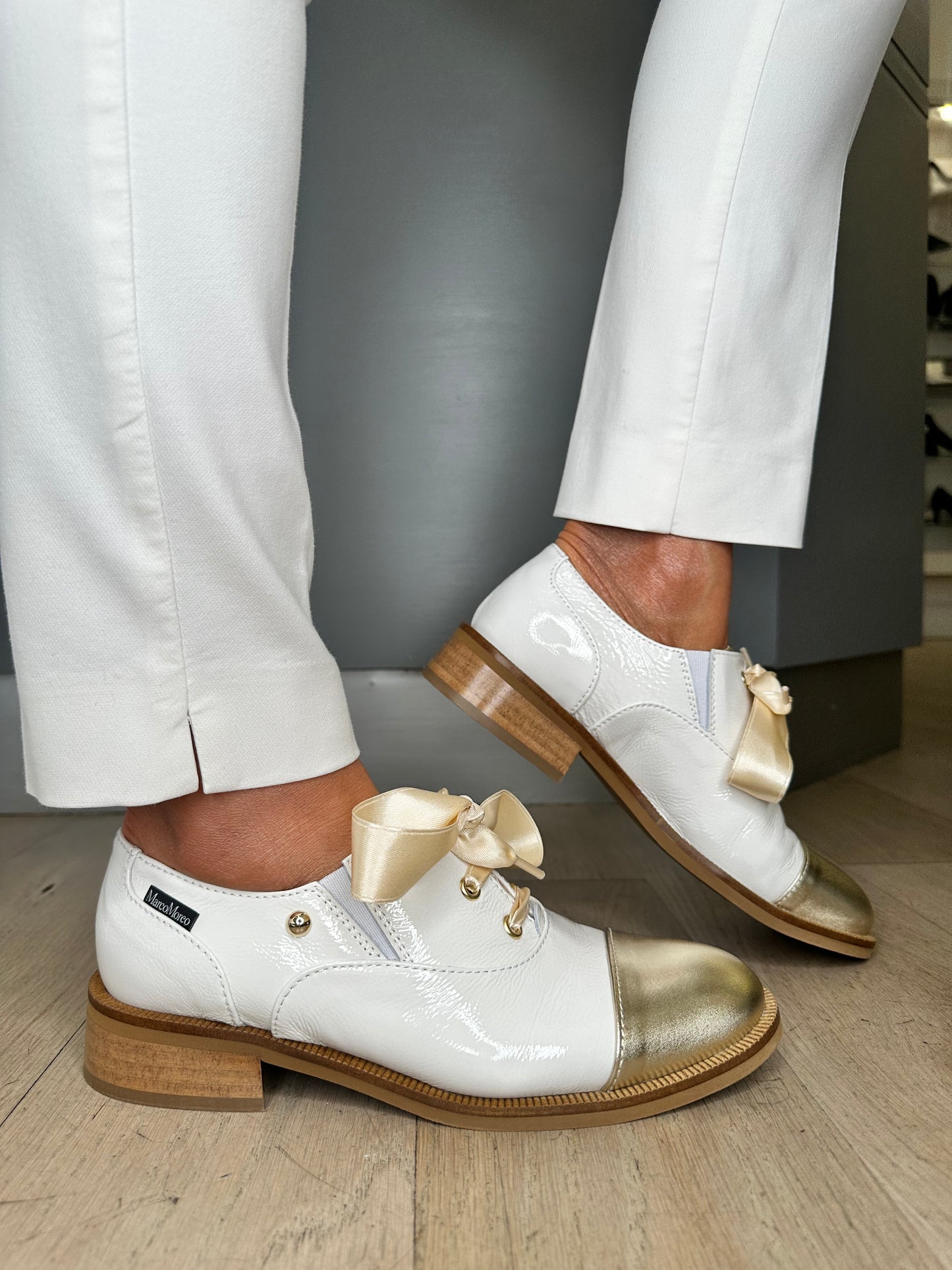 Marco Moreo - White Flexy Patent Leather Brogue With Satin Lace & Gold Trim