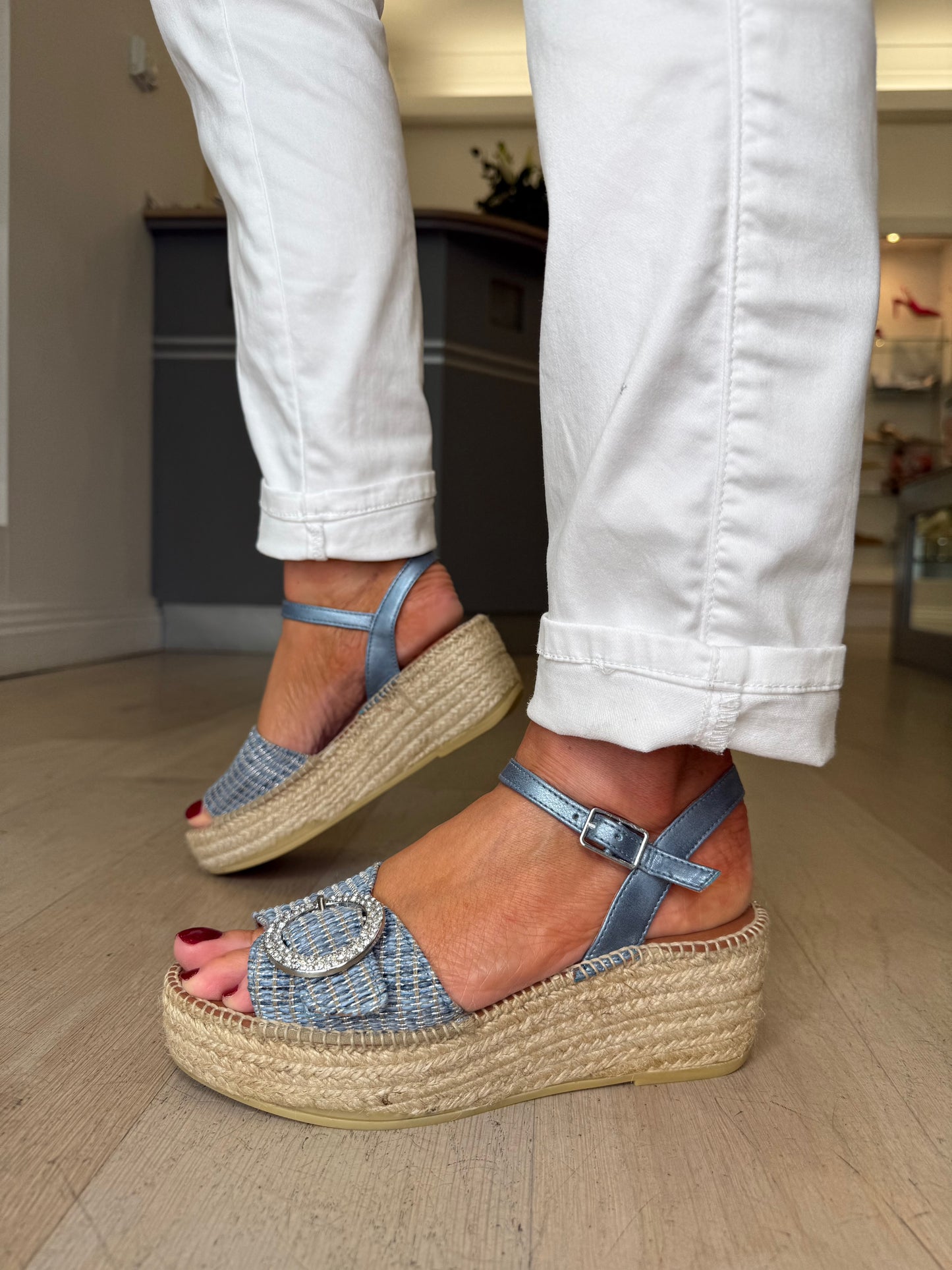Viguera - Metallic Denim Blue Espadrille Wedge With Diamante Buckle Trim