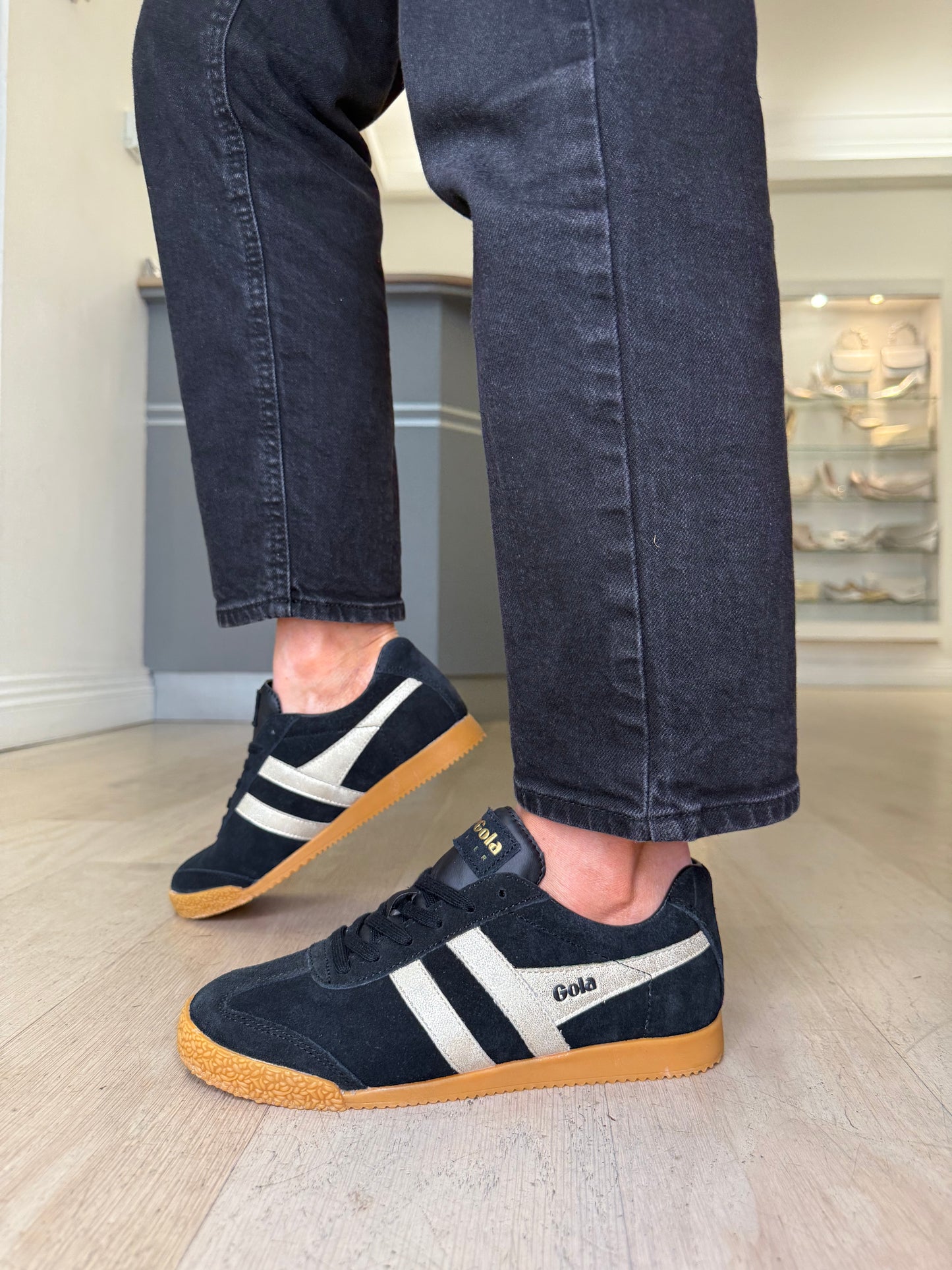 Gola -Harrier Mirror Black Suede Trainer With Gold Metallic Trim