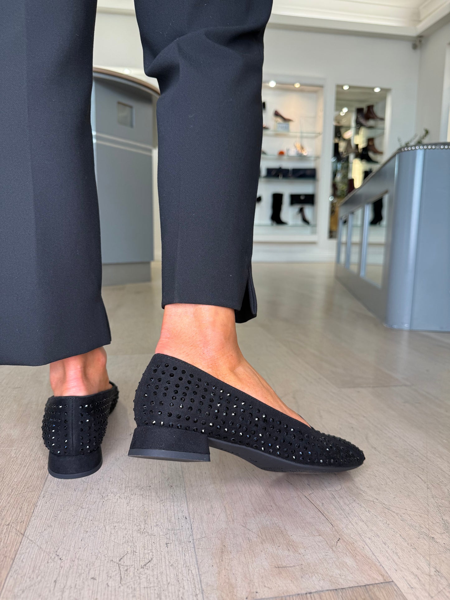 Unisa - Black Suede Jeweled Pomp Style Square Toe Shoe