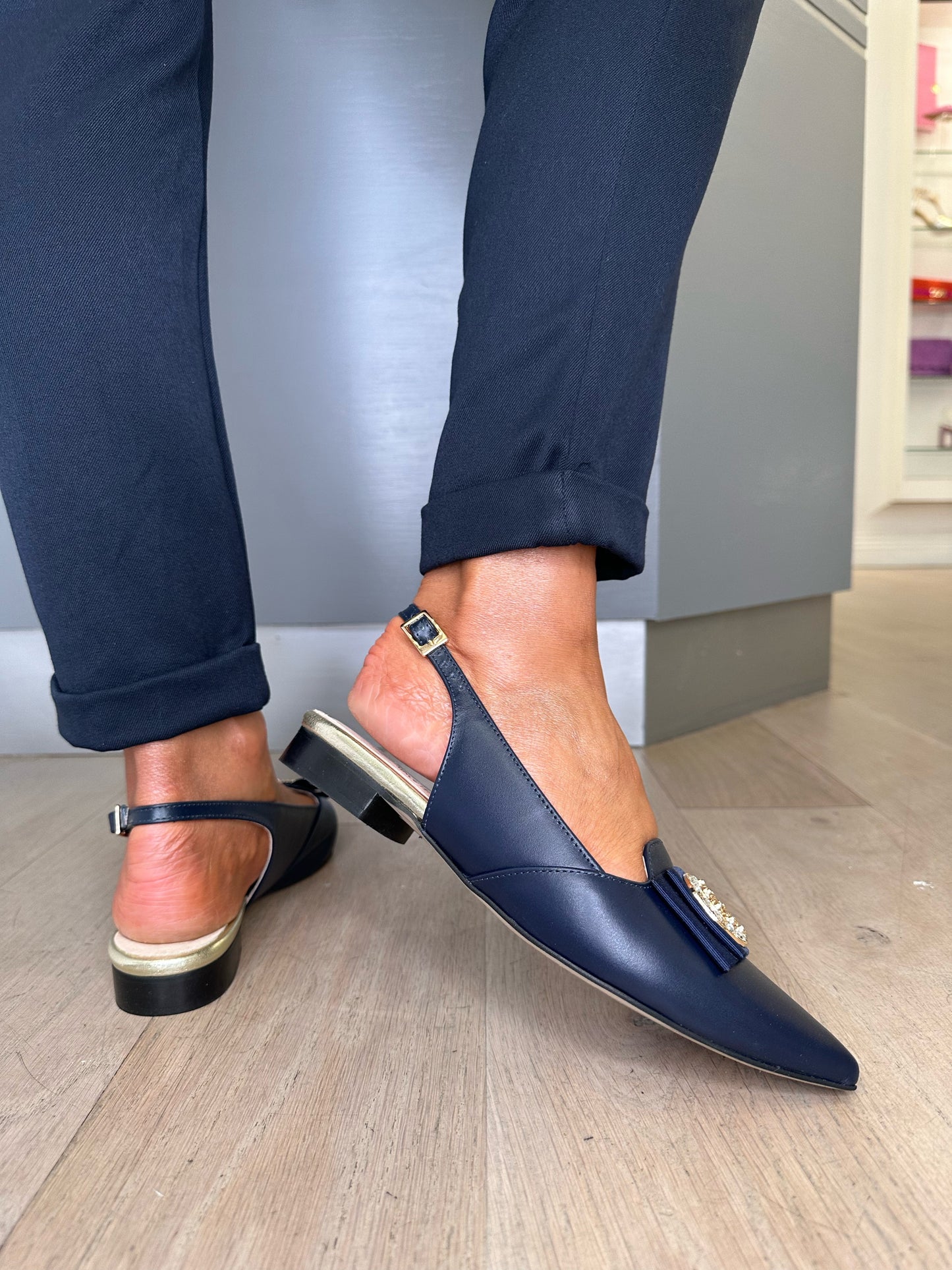 Emis - Dark Navy Pointy Toe Flat Sling Back Shoe With Designer Inspired Trim