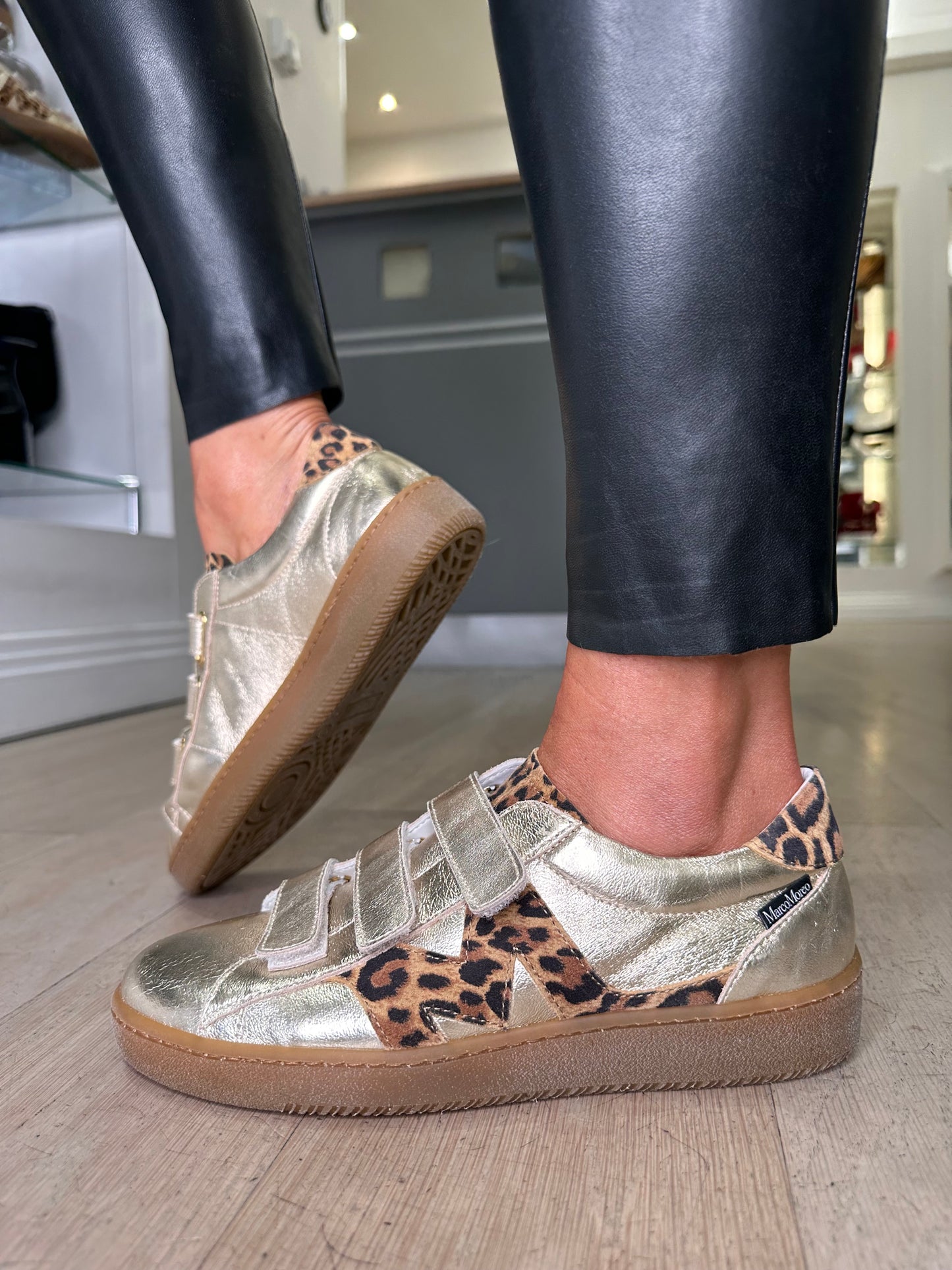 Marco Moreo - Metallic Gold Nappa Leather Trainer With Velcro Straps & Leopard Print Trim