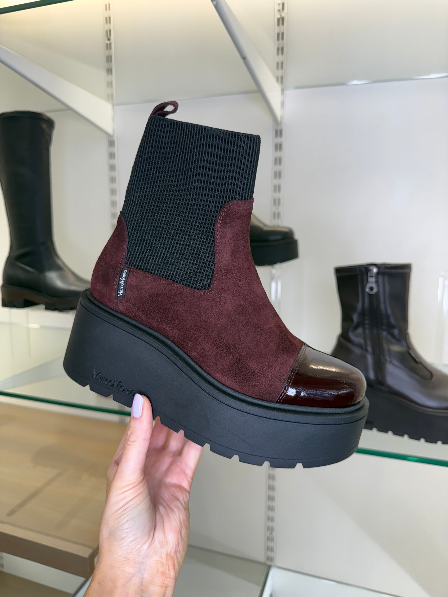 Marco Moreo - Brenda Burgundy Suede Chunky Sole Wedge Boot With Burgundy Patent Trim