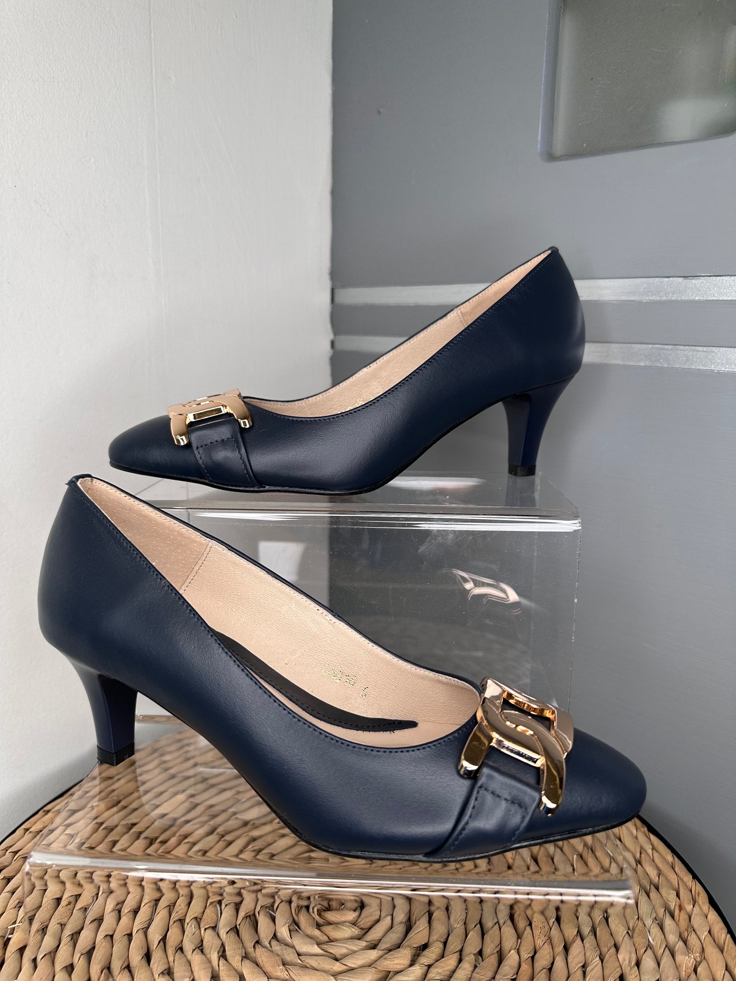 Emis - Navy Low Heel Court Shoe With Gold Trim