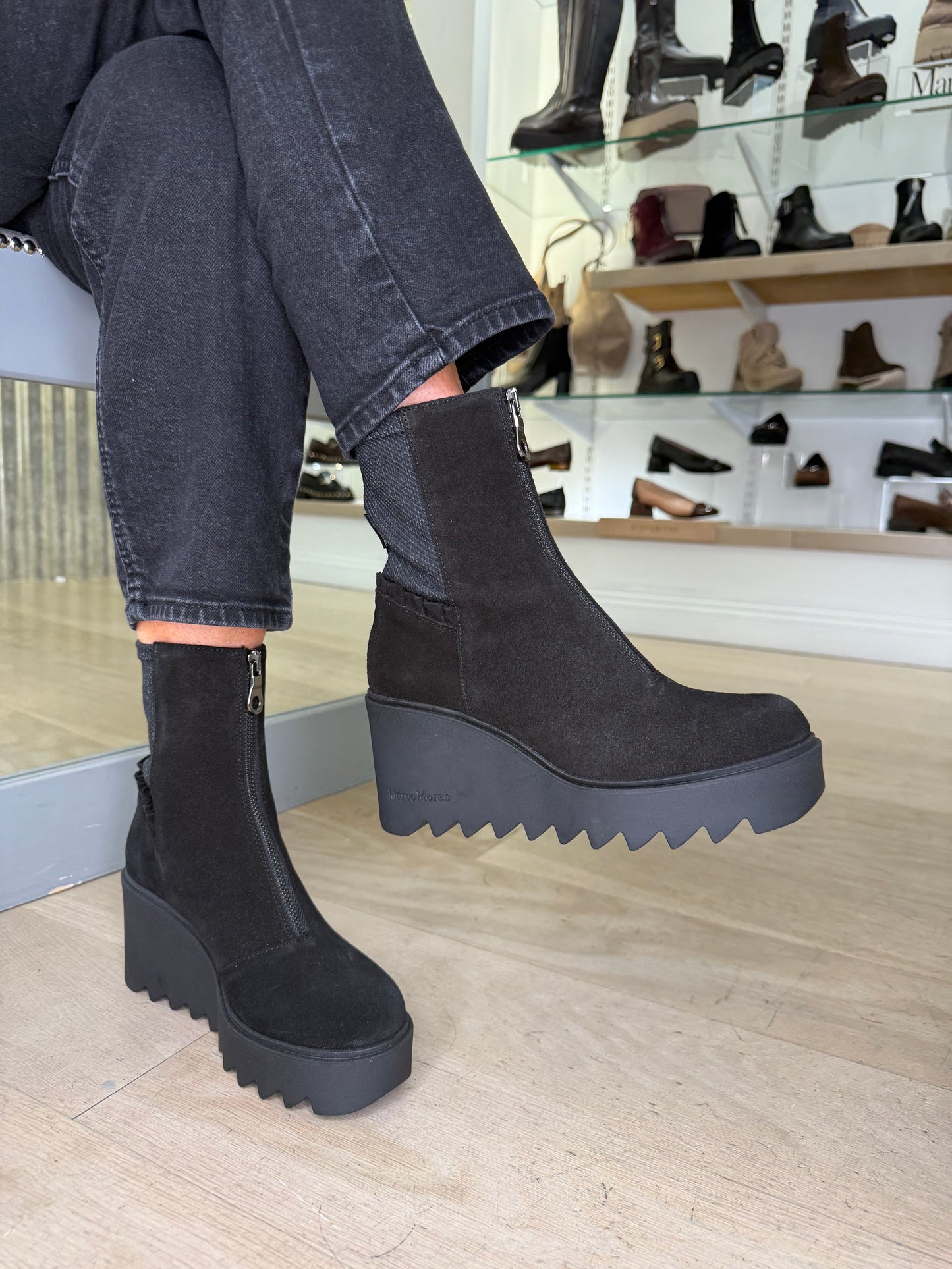 Marco Moreo - Black Suede Chunky Sole Wedge Boot With Frill Detail