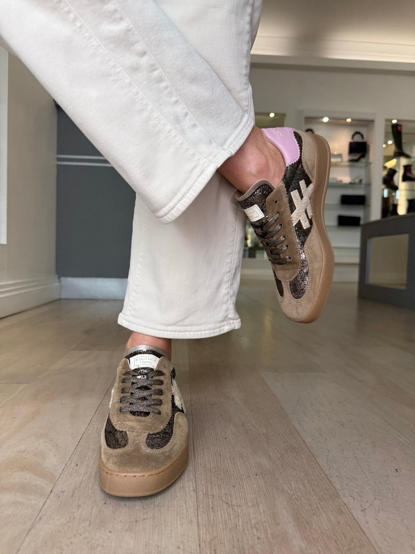 Another Trend -Soft Mocha Suede Trainer With Bronze Inset & Pink Trim