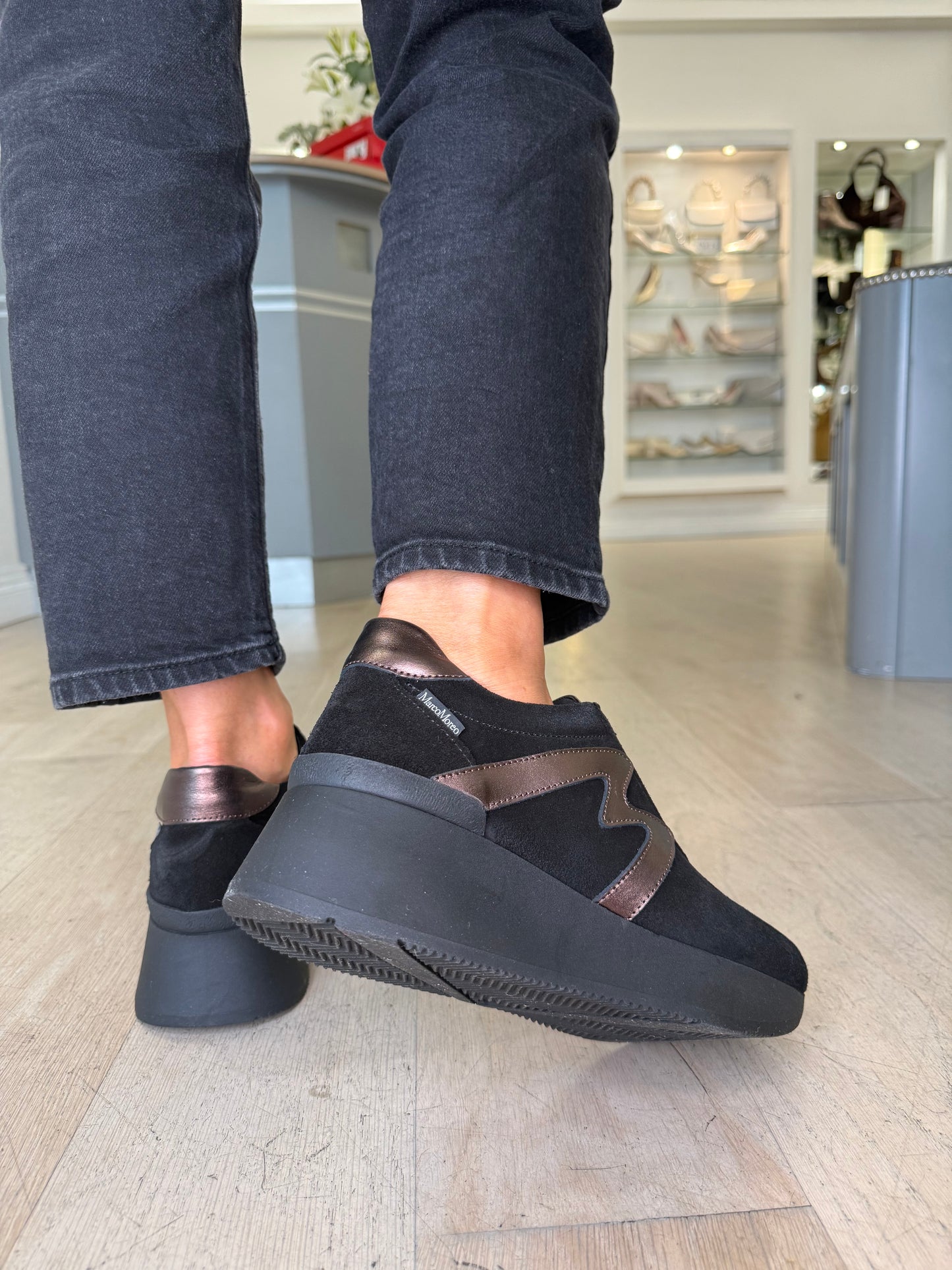 Marco Moreo - Black Suede & Soft Bronze Lace Up Wedge Trainer