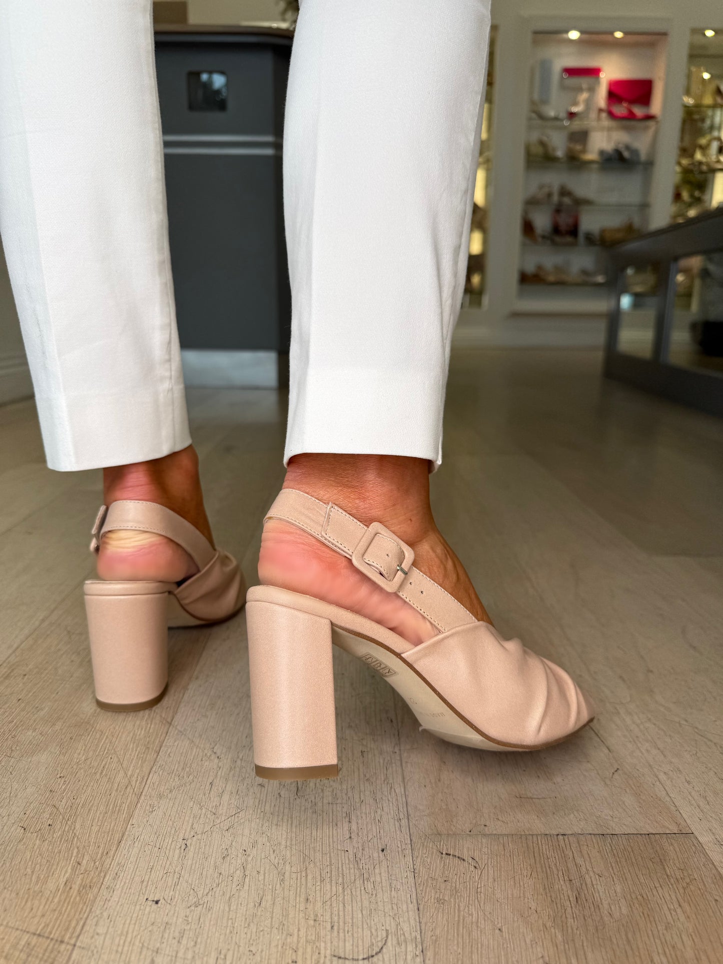 Marian -Blush Nude Leather Ruched Sling Back Block Heel Sandal