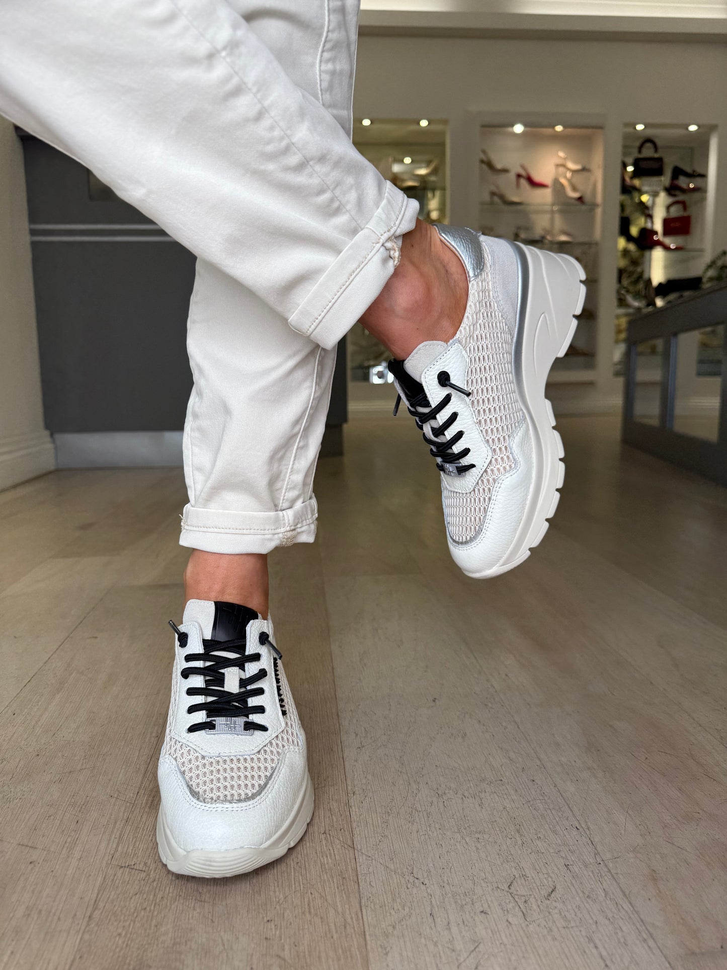 Hispanitas - White Leather Trainer With Black Lace & Silver Trim