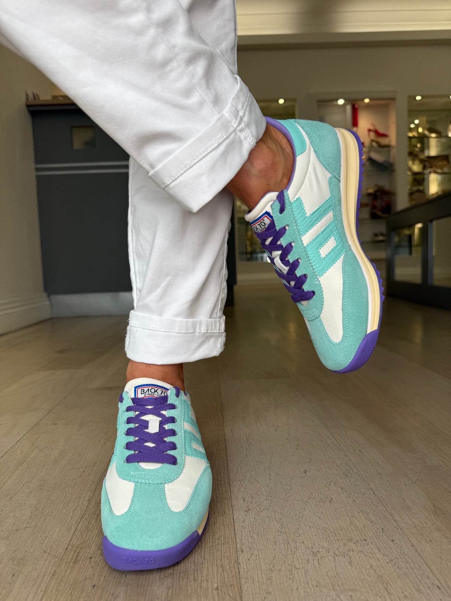 Back 70 - Jogger Mint Suede Trainer With White Leather & Purple Trim