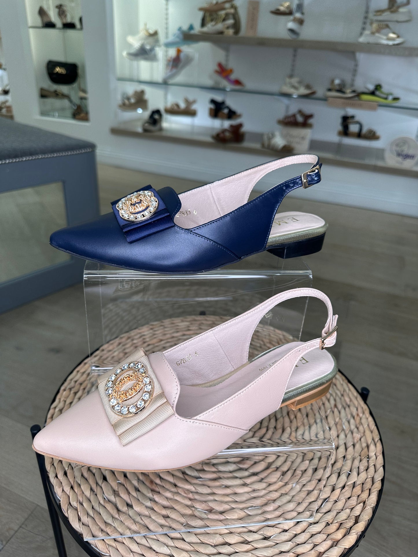 Emis - Rich Beige Pointy Toe Flat Sling Back Shoe With Designer Inspired Trim