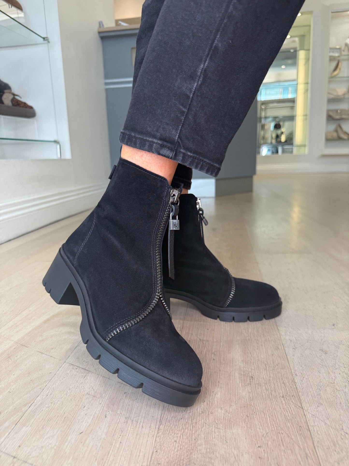 Hispanitas - Black Distressed Suede Chunky Sole Boot With Zip Detail Trim