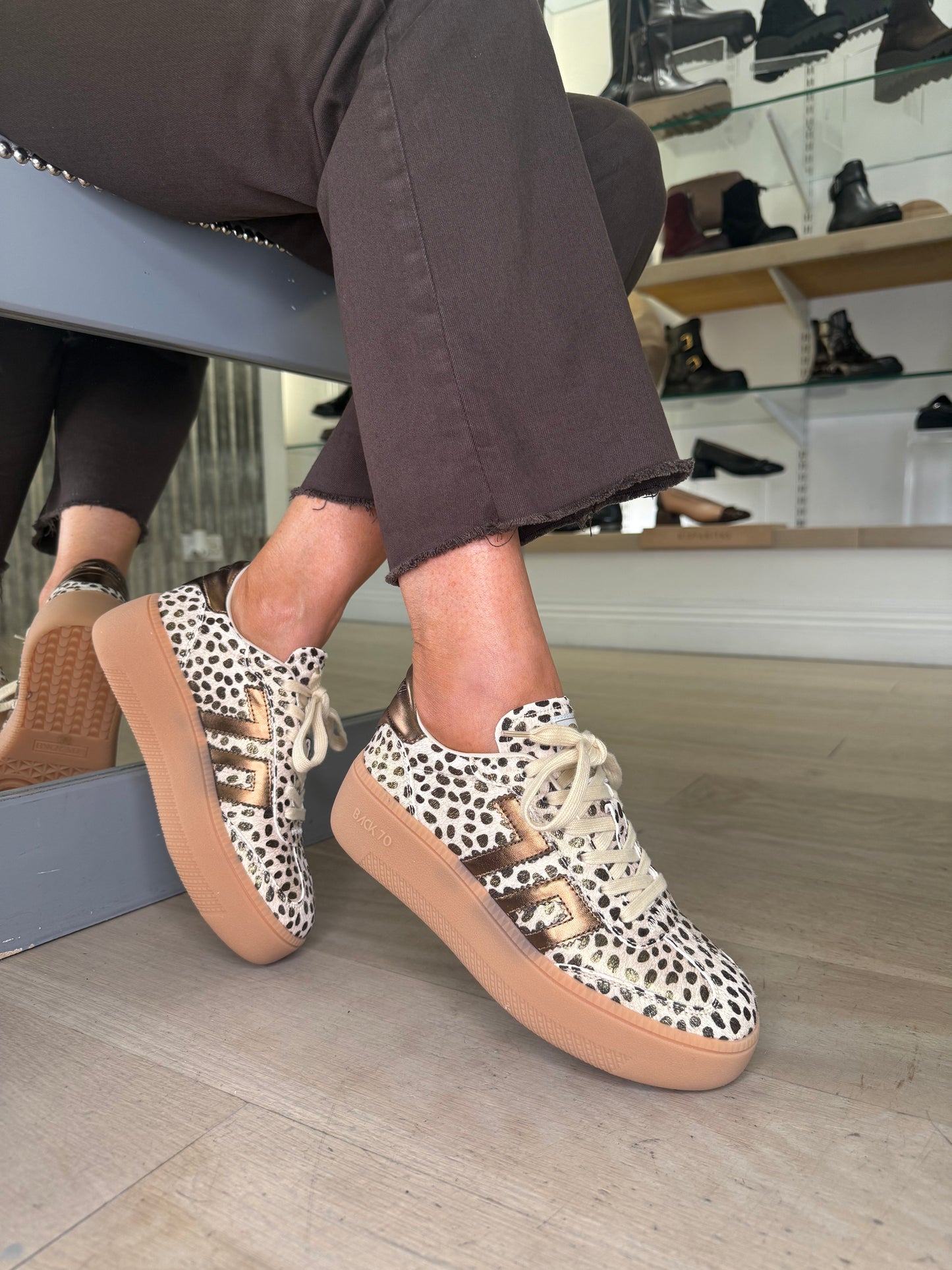 Back 70 - Cheetah Print Brown/ Bronze Mix Lace Up Flatform Trainer