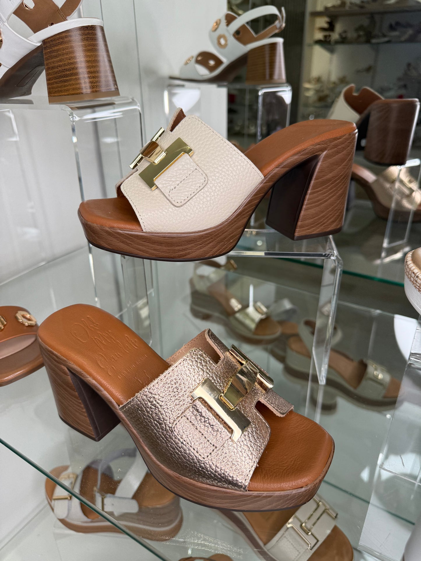 Oh My Sandals -Soft Metallic Bronze Block Heel Mule With Platform Sole