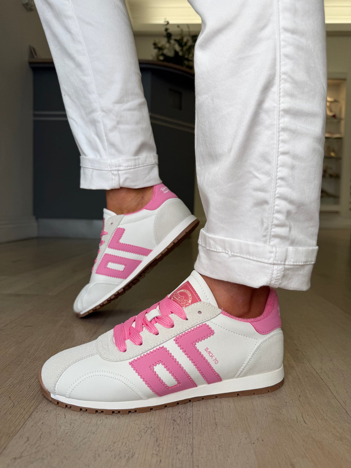 Back 70 -White Leather Trainer With Soft Stone Suede & Candy Pink Trim